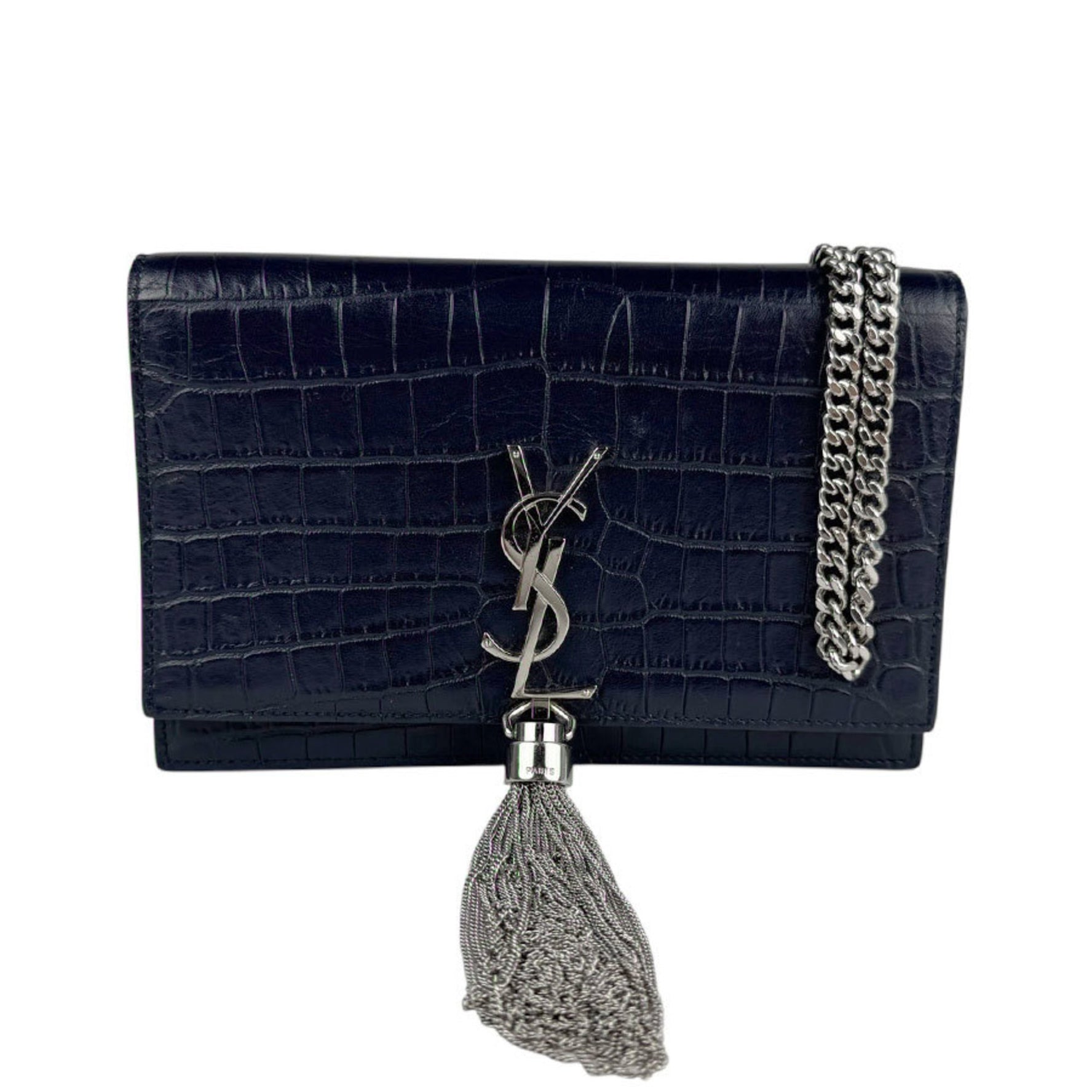 Saint Laurent Chain Wallet Embossed Leather Navy Silver Women's z5498