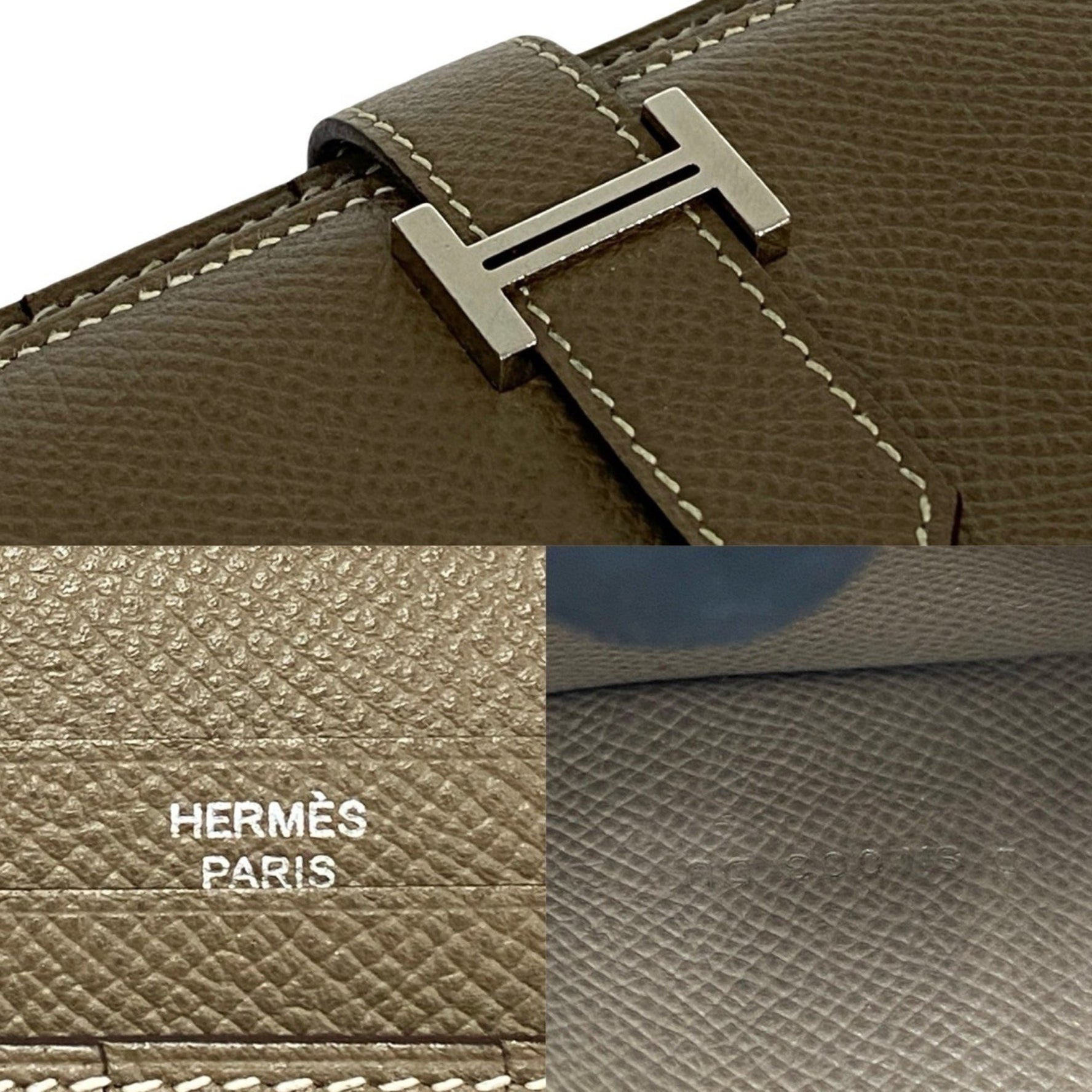 HERMES Bearn Soufflet Logo Metal Hardware Leather Epsom Long Wallet with Coin Purse, Gray