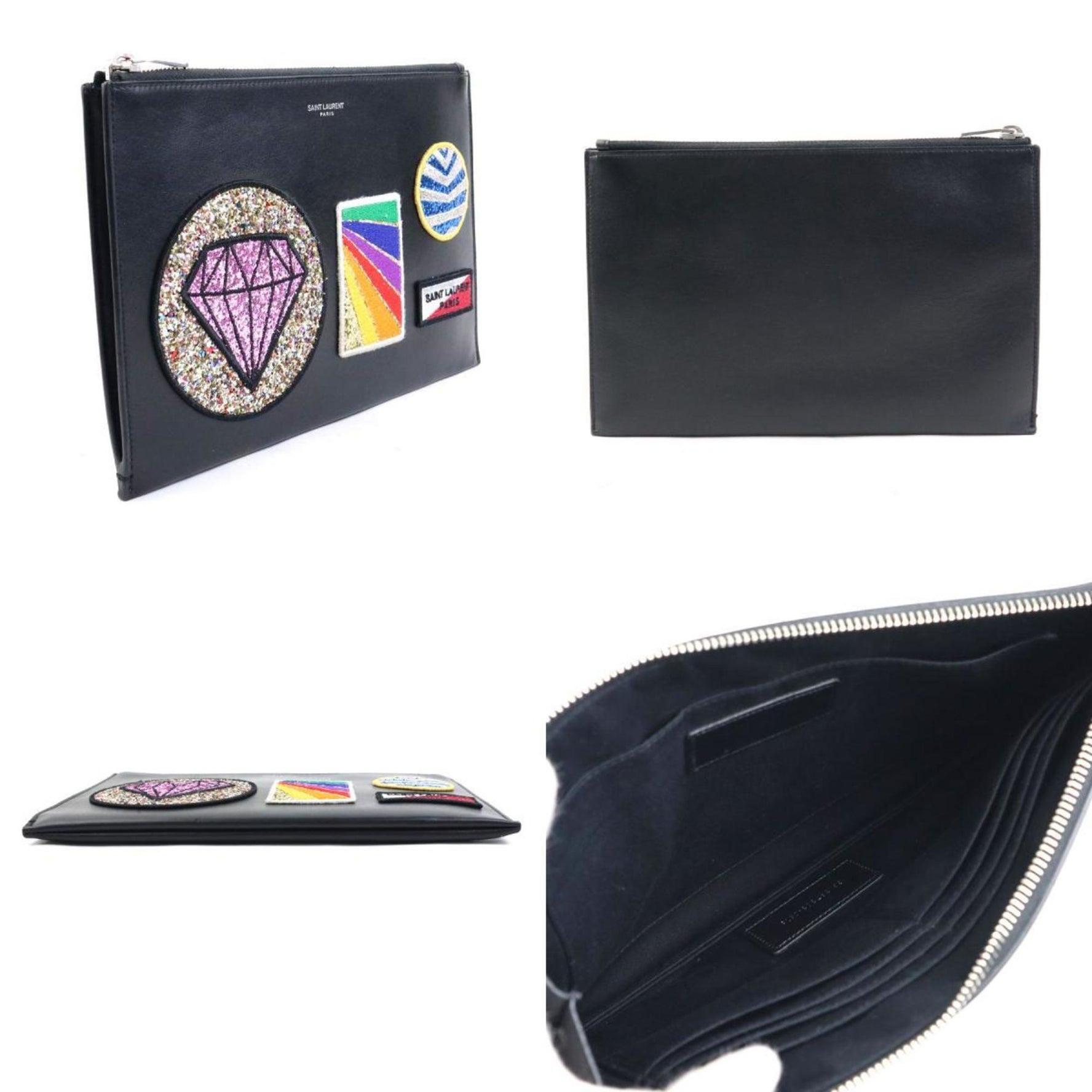 Saint Laurent Clutch Bag Leather Sequins Black Men Women t19593a