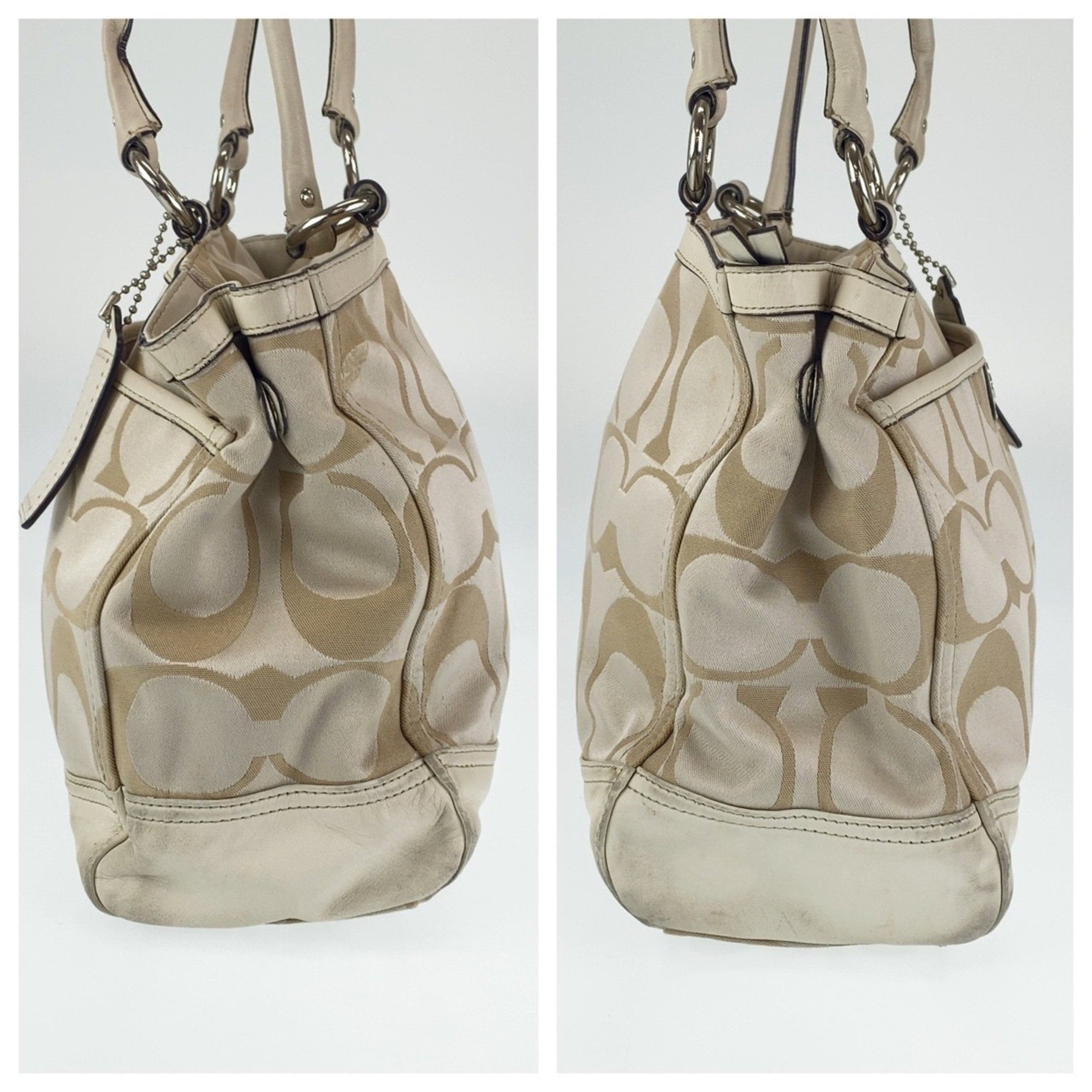 COACH Signature Beige White Canvas Leather Tote Bag Shoulder