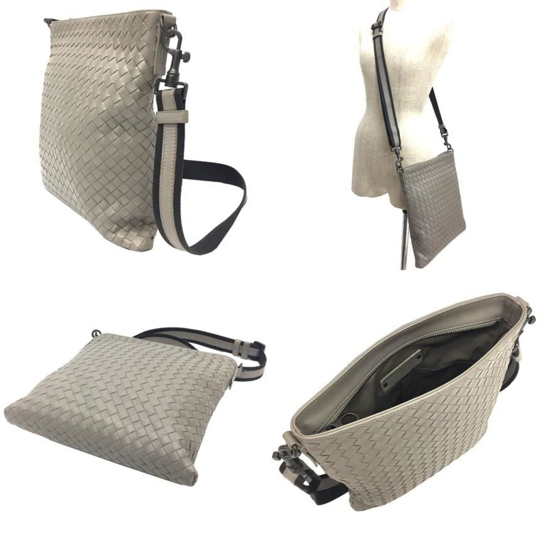 BOTTEGA VENETA Intrecciato Shoulder Bag Greige Leather Genuine
