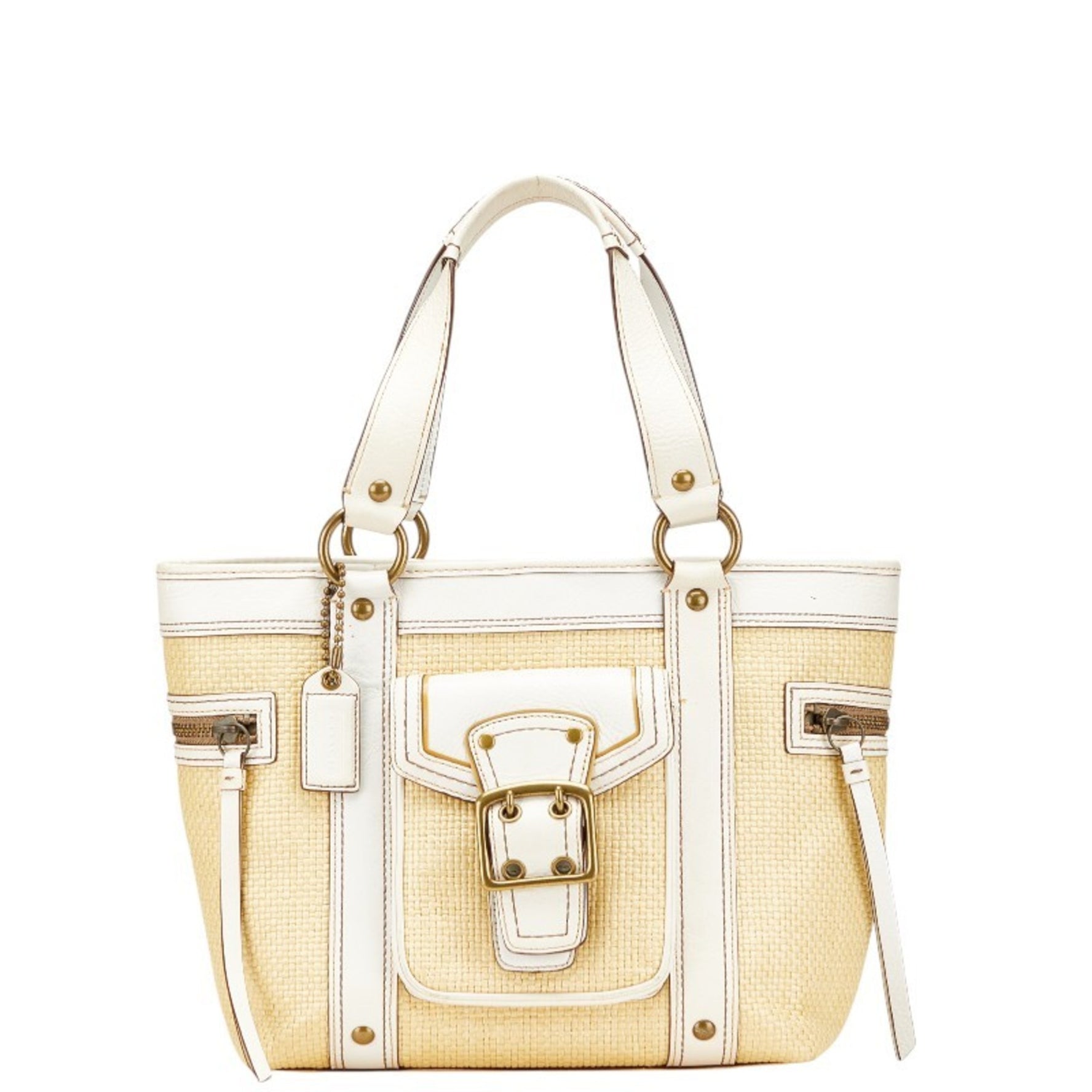 Coach Basket Bag Tote Beige White Straw Leather
