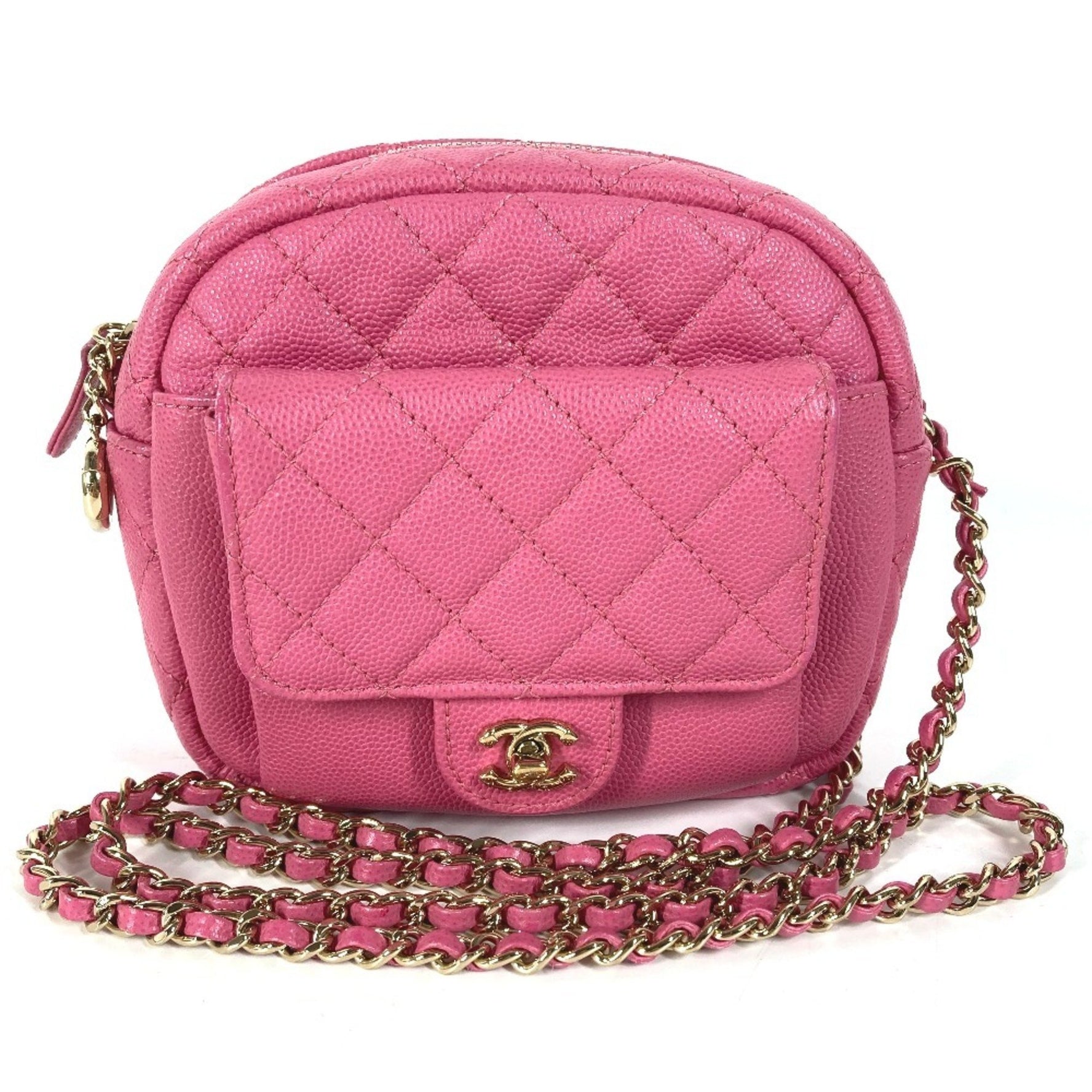 CHANEL Matelasse Quilted Chain Bag with Coco Mark, Pochette Shoulder Bag, Caviar Skin, Pink