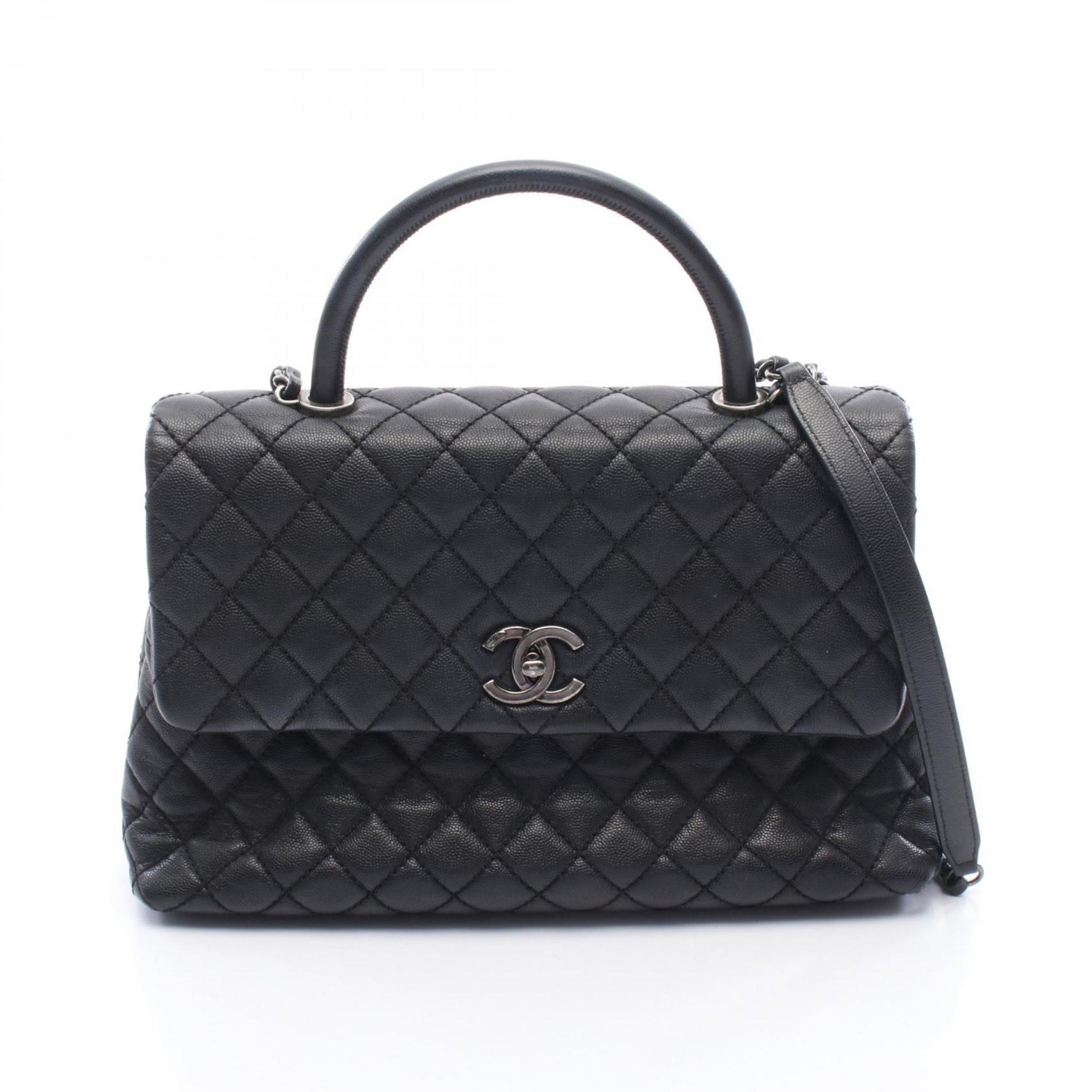CHANEL Matelasse Coco Handle Handbag, Calfskin Leather, Women's, Black, A92992