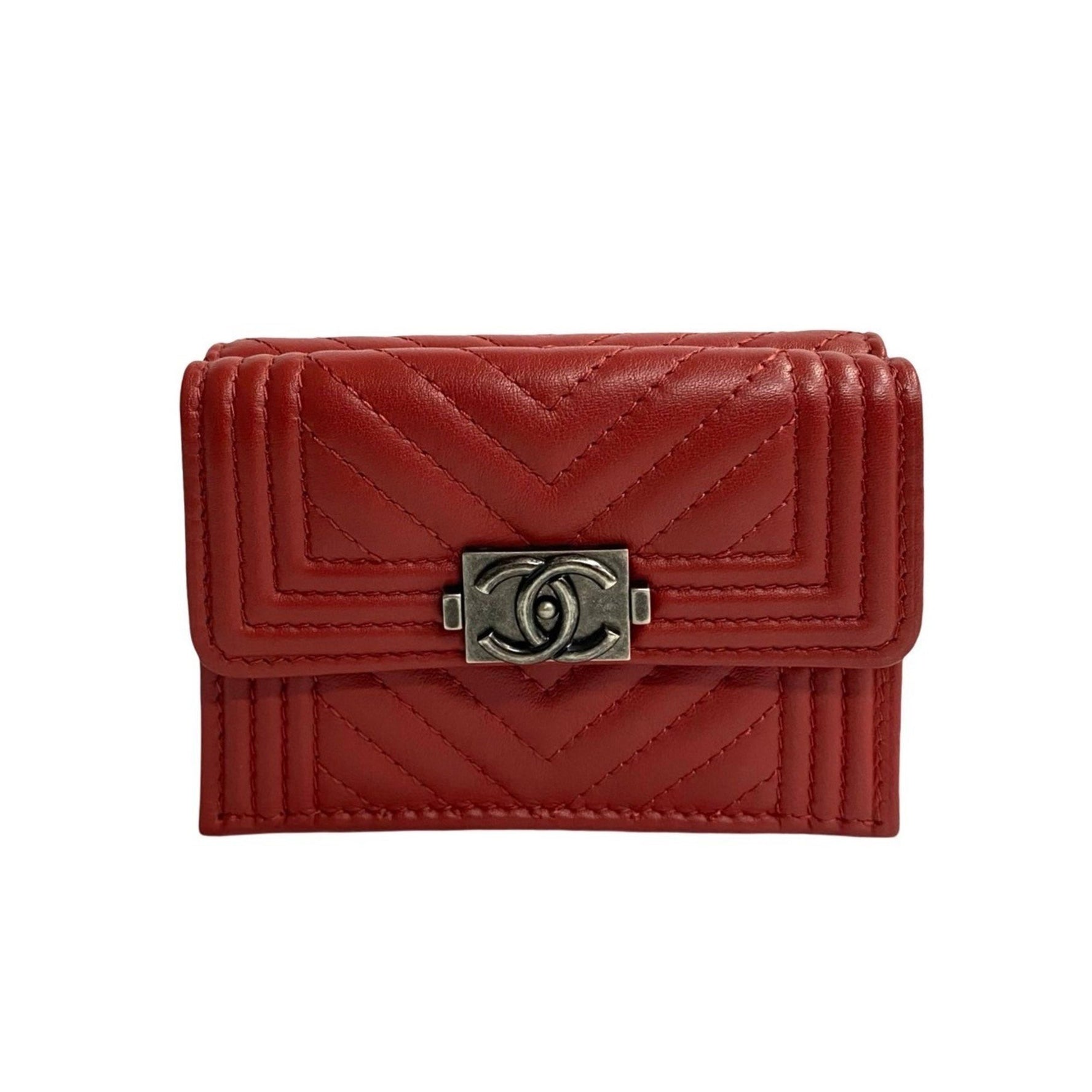 CHANEL Boy Leather and Lambskin Tri-fold Mini Wallet, Red