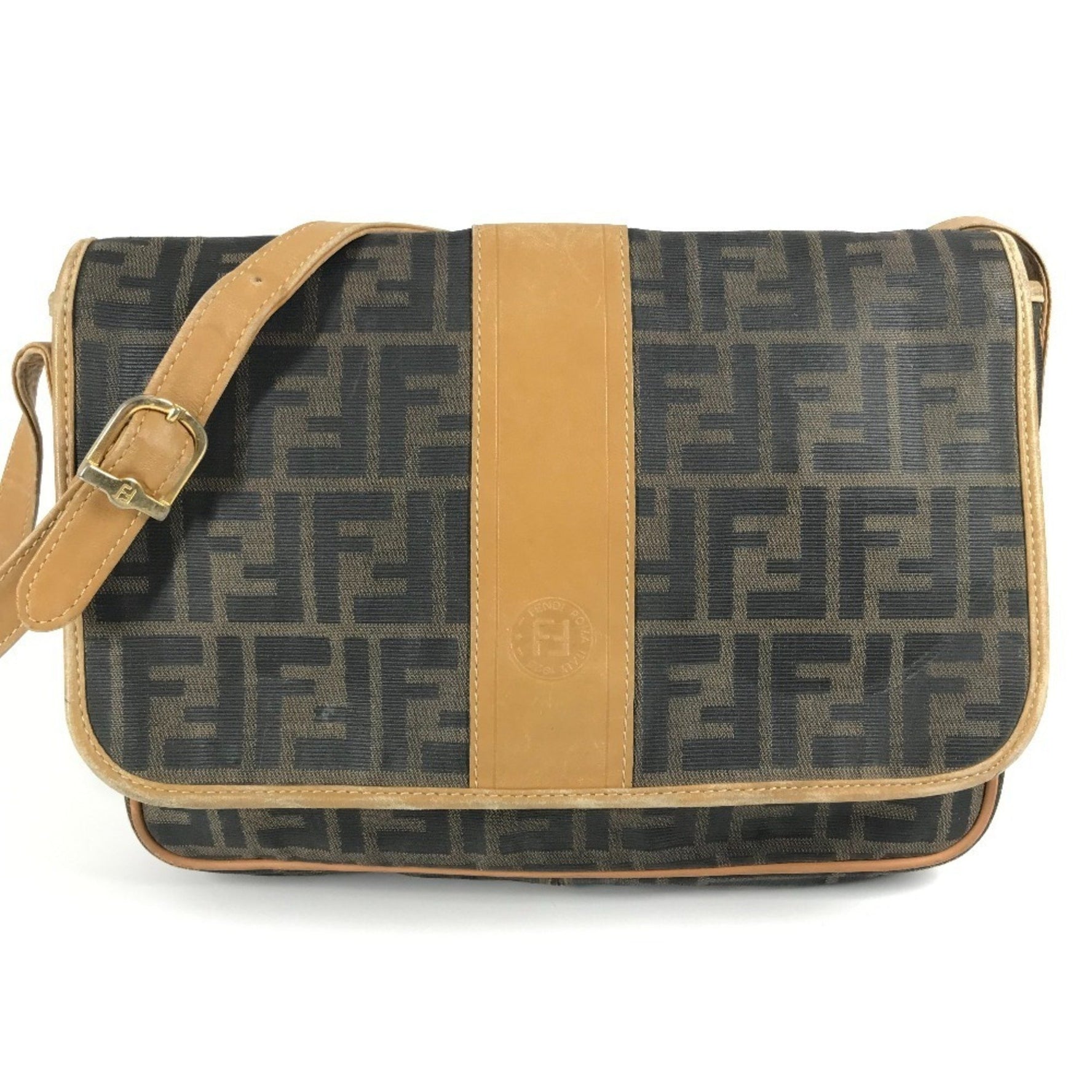 FENDI Zucca Logo Flap Shoulder Bag in PVC/Leather, Unisex