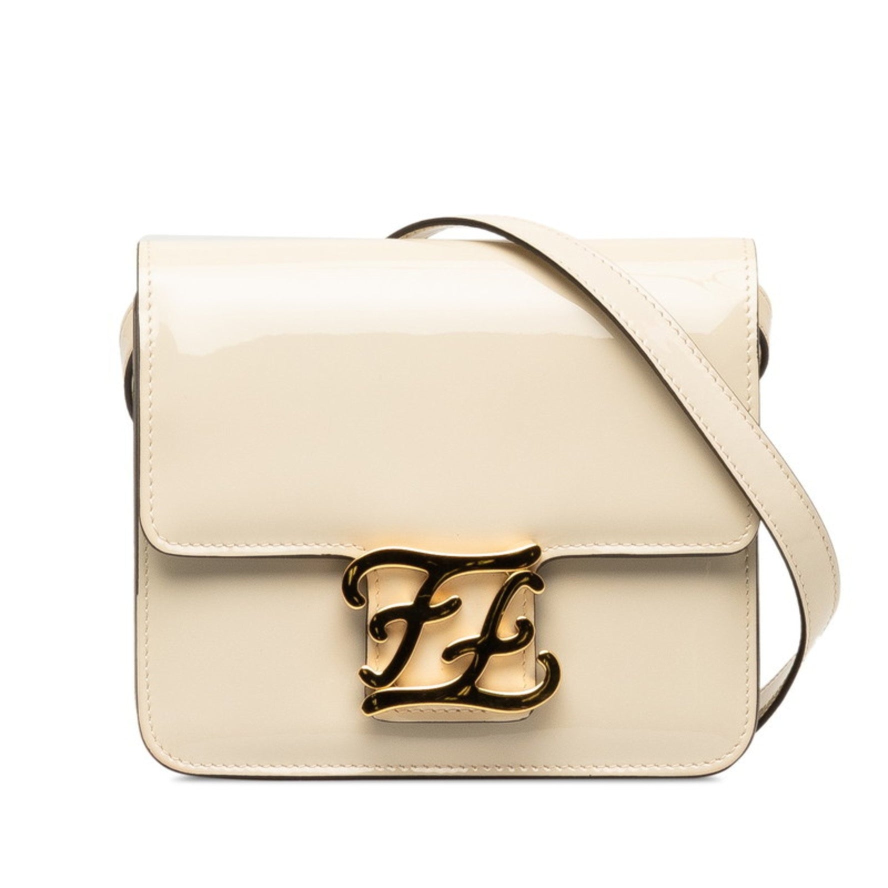 FENDI Calligraphy Crossbody Shoulder Bag Ivory White Patent Leather