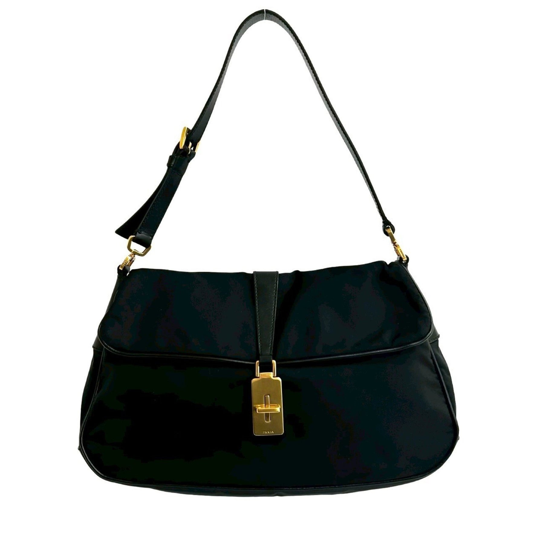 PRADA Logo Turnlock Triangle Hardware Leather Nylon Handbag One-Shoulder Bag