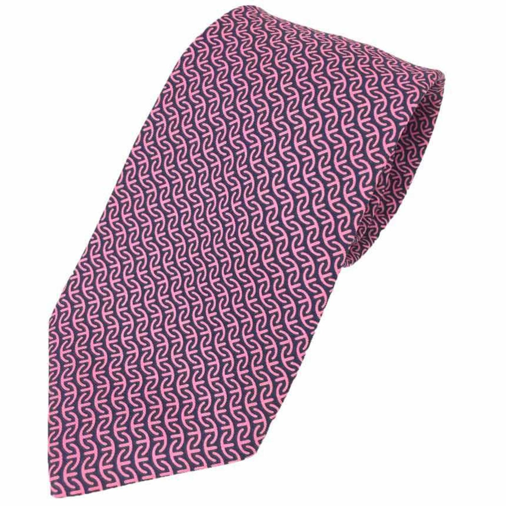 Hermes tie 100% silk WILD CHAINS MARIN/ROSE VIF navy pink