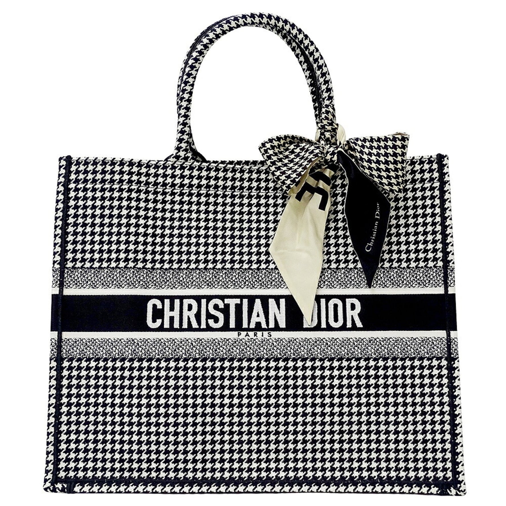 Christian Dior Dior Women's Book Tote Bag, Medium, Canvas, Black and White, Houndstooth Pattern, Includes Scarf (Sold Separately)