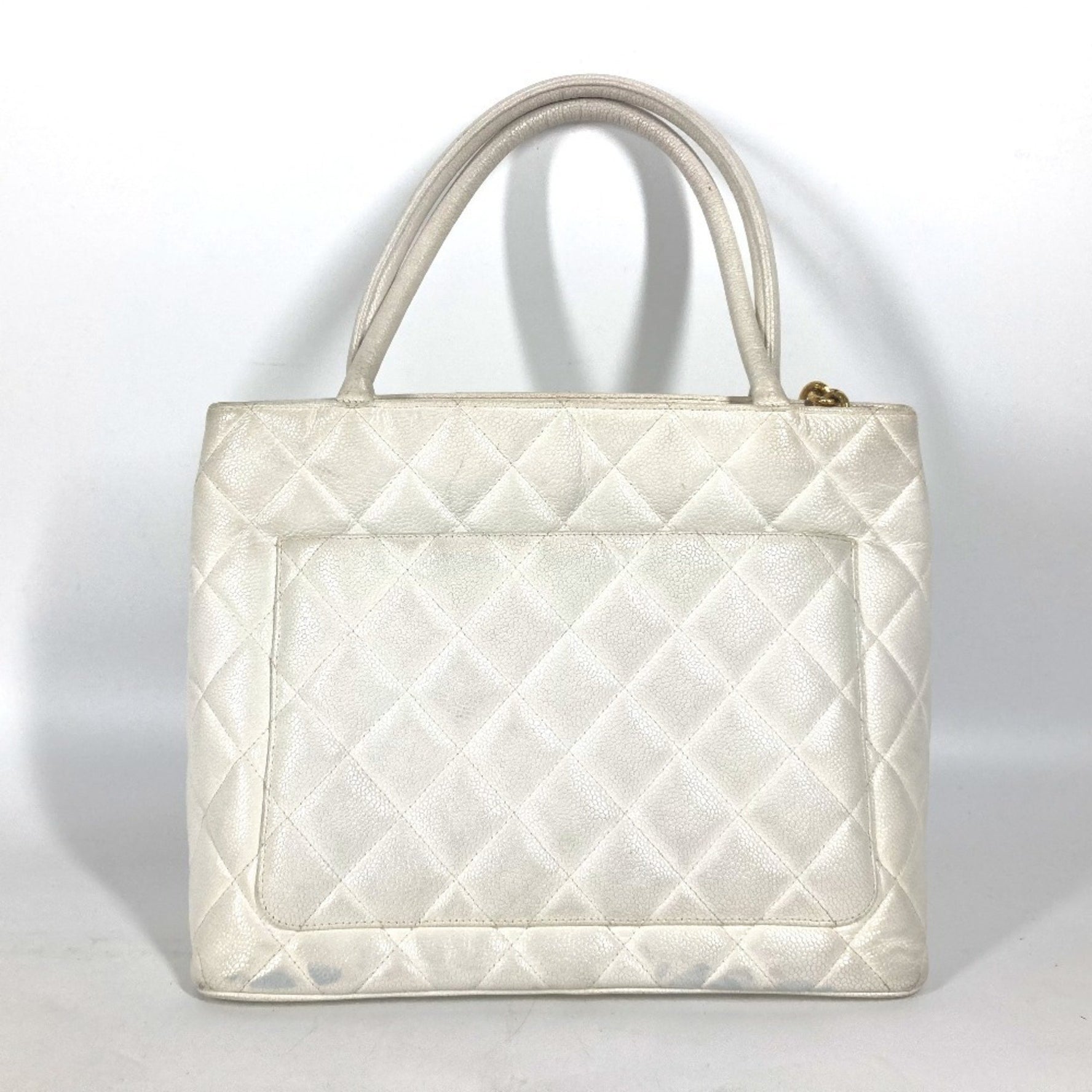 CHANEL A01804 Quilted Matelasse CC Coco Mark Reprint Tote Shoulder Bag Caviar Skin Women's White