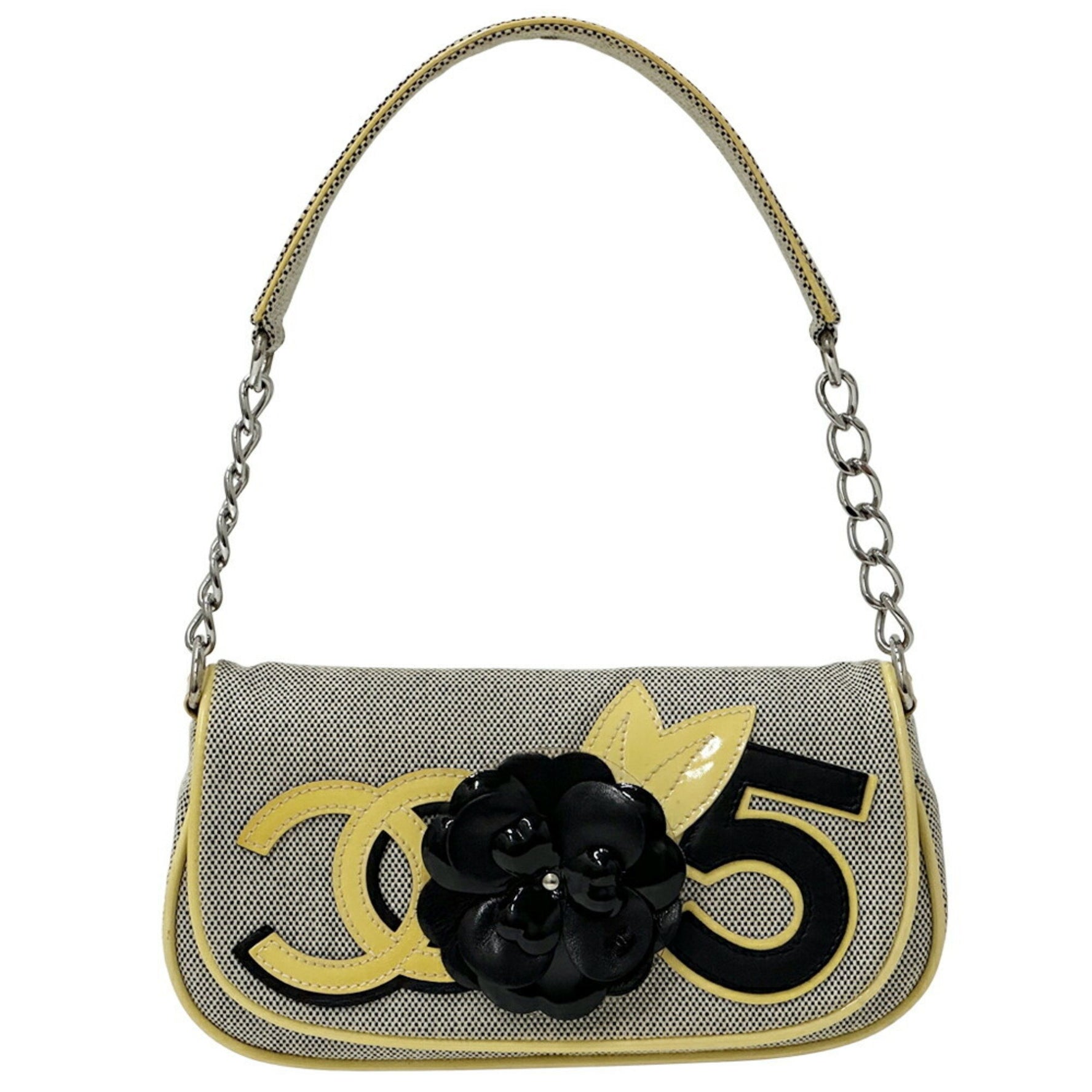 CHANEL Camellia Shoulder Bag Canvas Yellow Black Flower