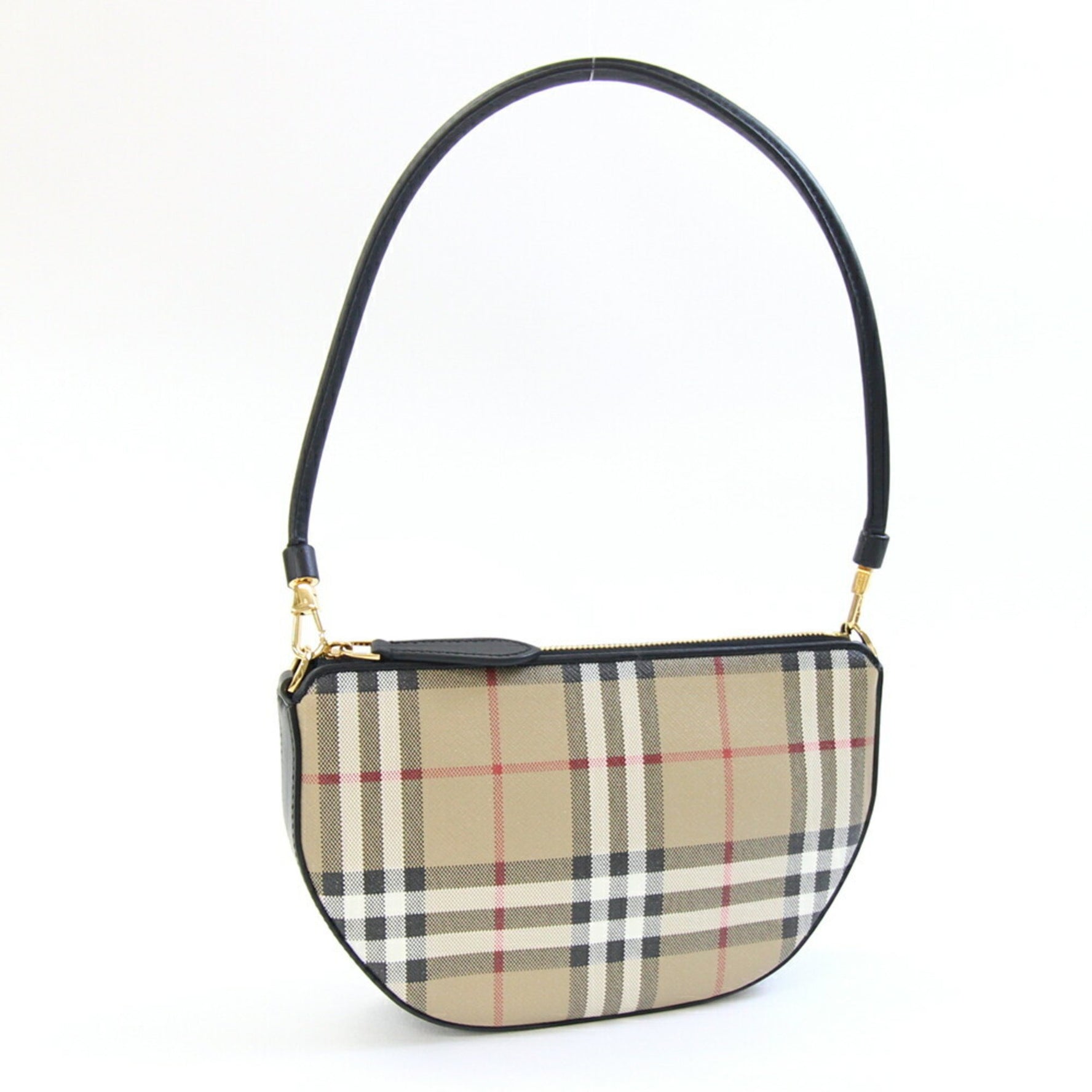 Burberry Pouch Olympia Beige Black PVC Leather Clutch Bag Check Women's BURBERRY