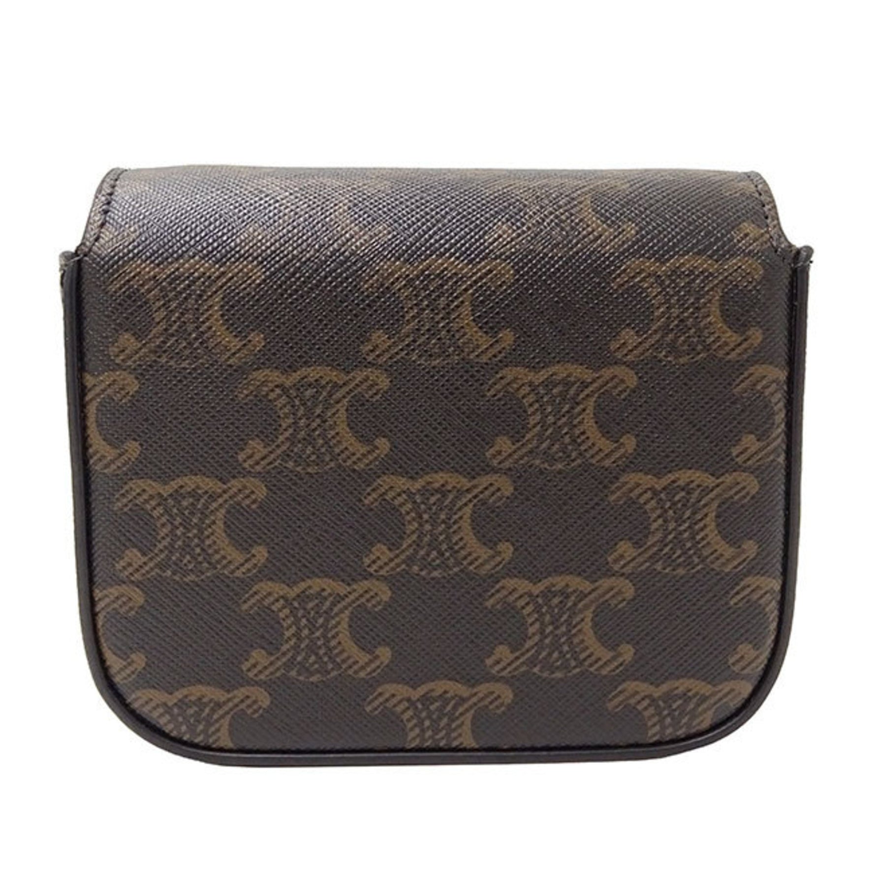 Celine Triomphe shoulder bag, dark brown, mini compact, with logo and perfume.