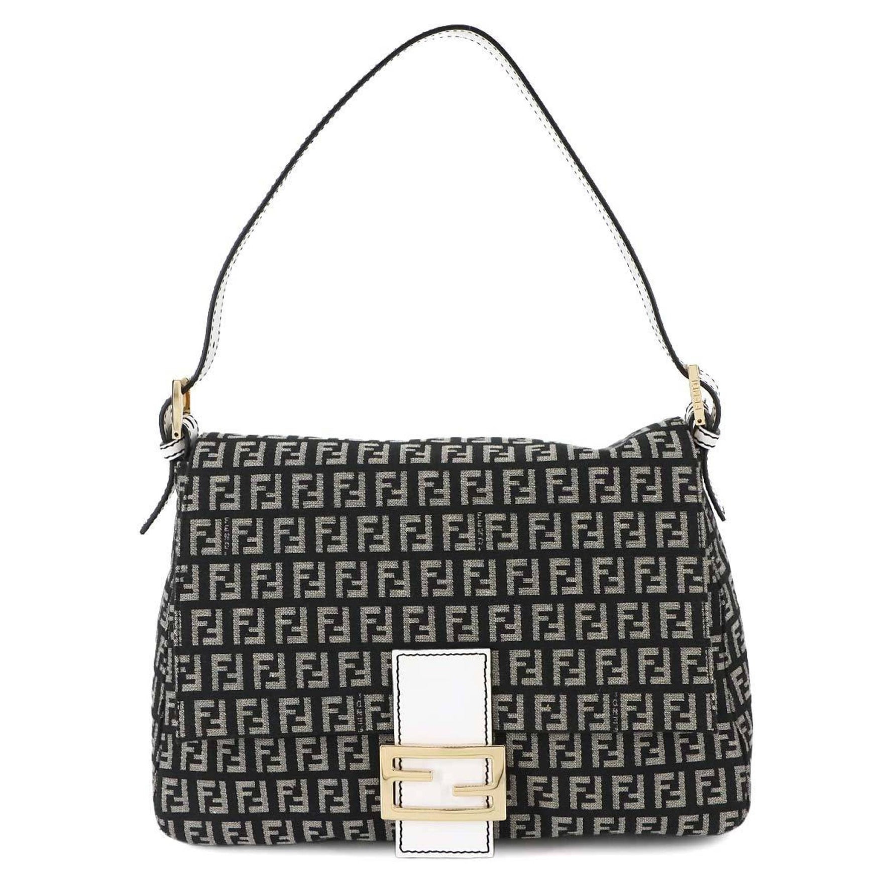 Fendi Zucchino Mamma Baguette Shoulder Bag in Canvas and Leather, Black White with Gold Hardware