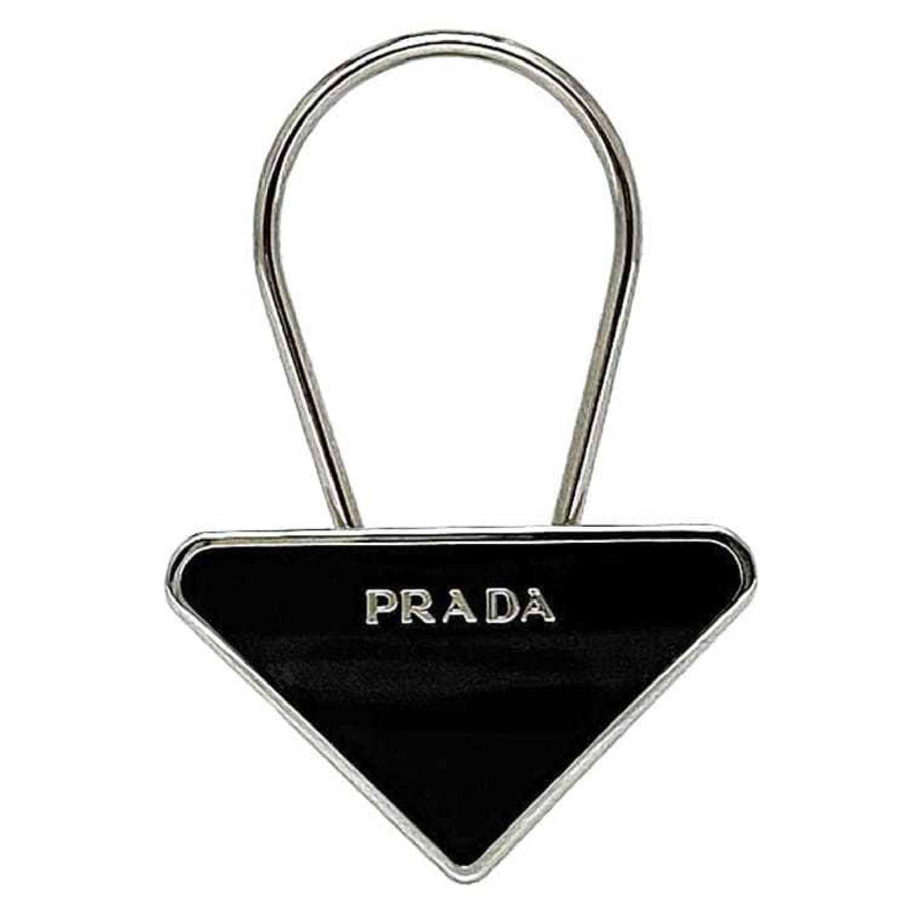 Prada Key Ring ec-23014 Silver Black M713 Metal PRADA Triangle Plate Holder Women's Men's Bag Charm