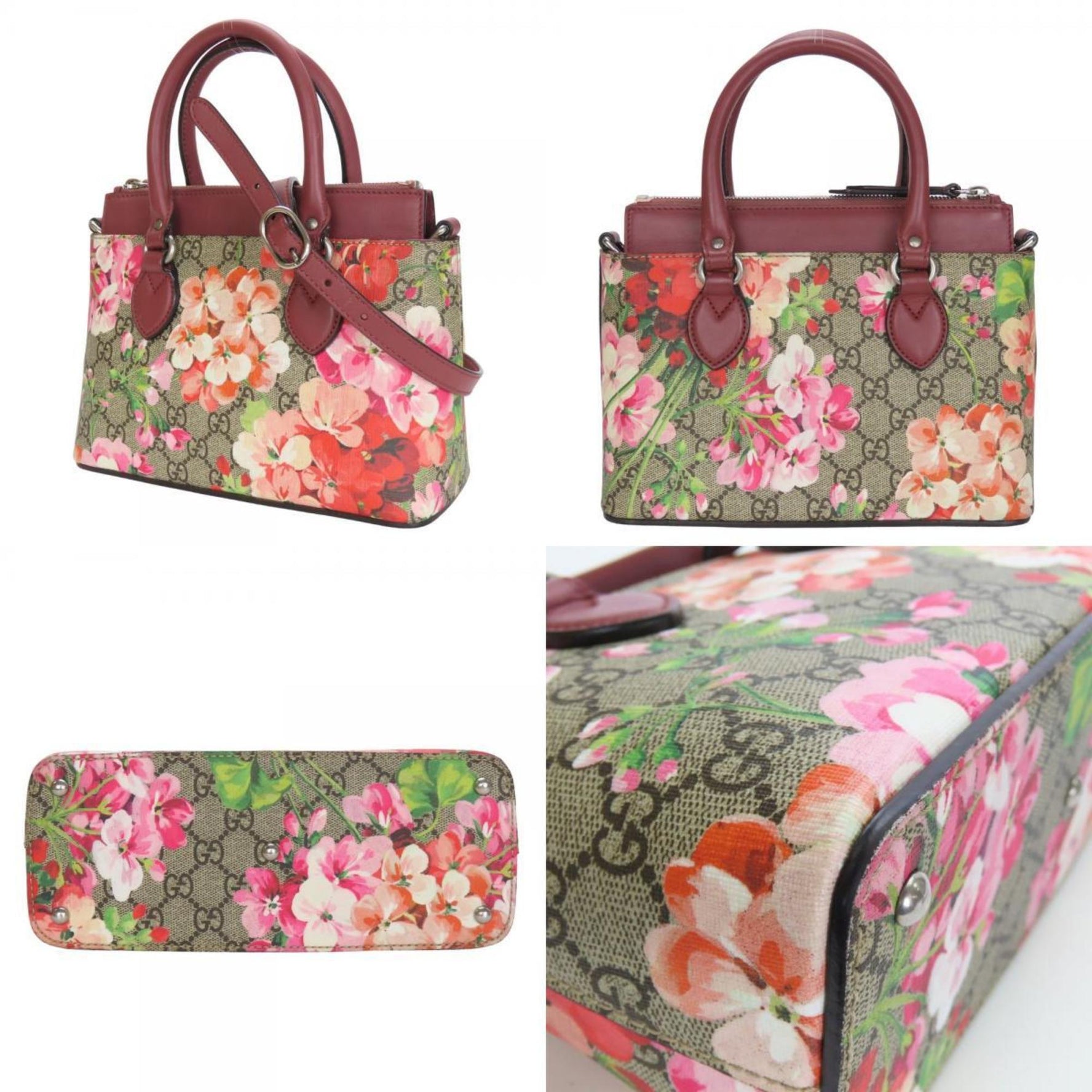 Gucci handbag GG Blooms Mini Supreme canvas beige red pink flower