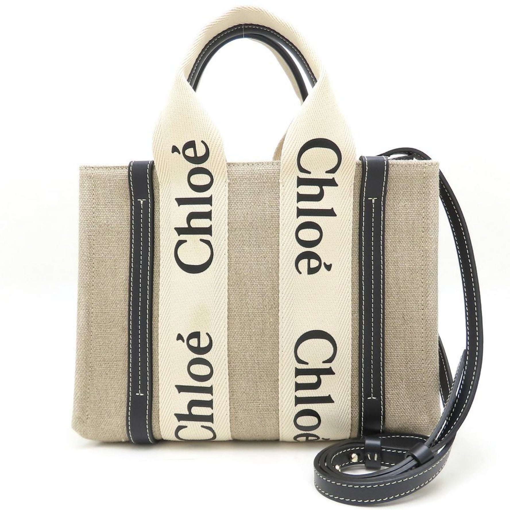 Chloé Chloe Woody Small Tote Handbag Linen x Calf White Blue