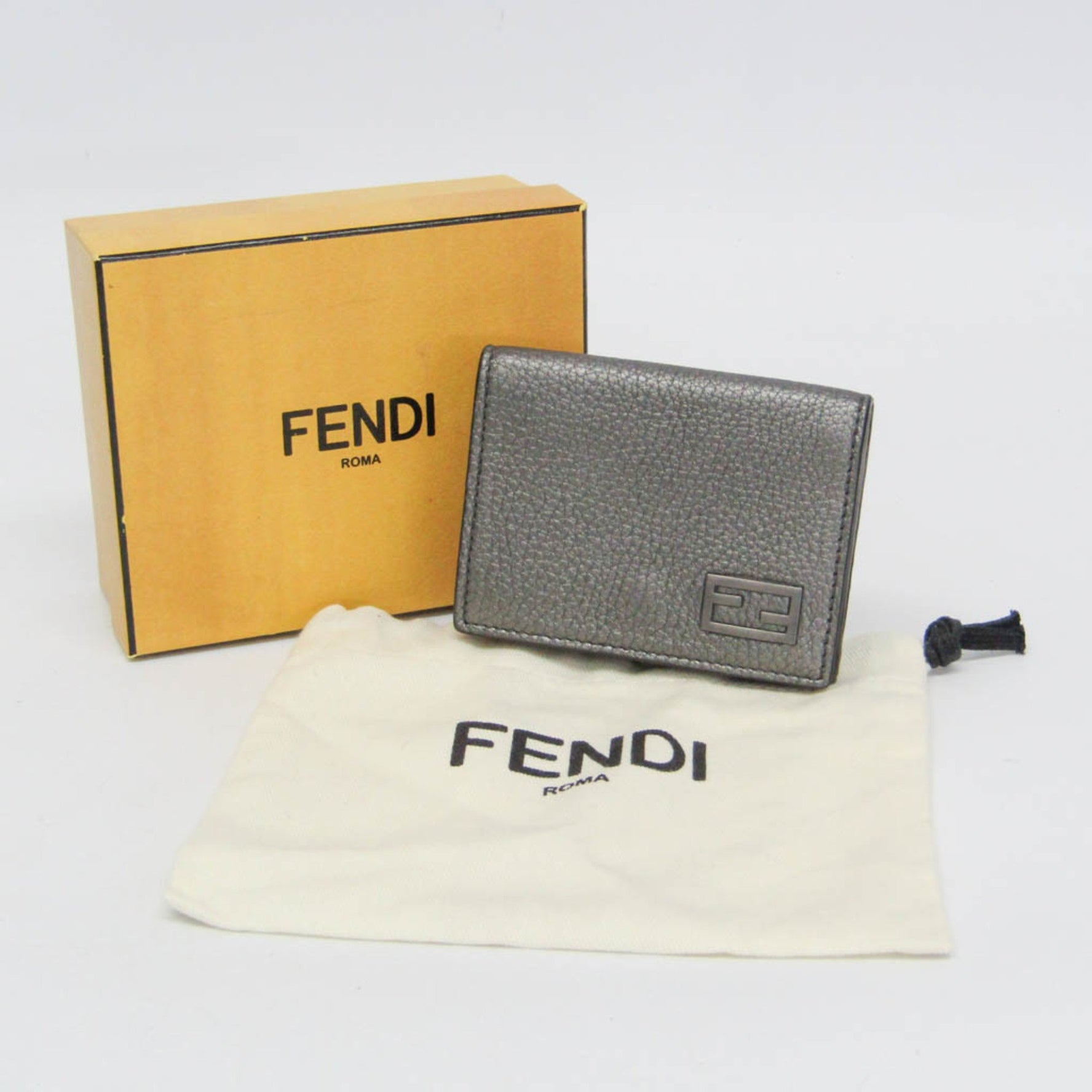 Fendi FF Men,Women Leather Wallet (tri-fold) Metallic Gray