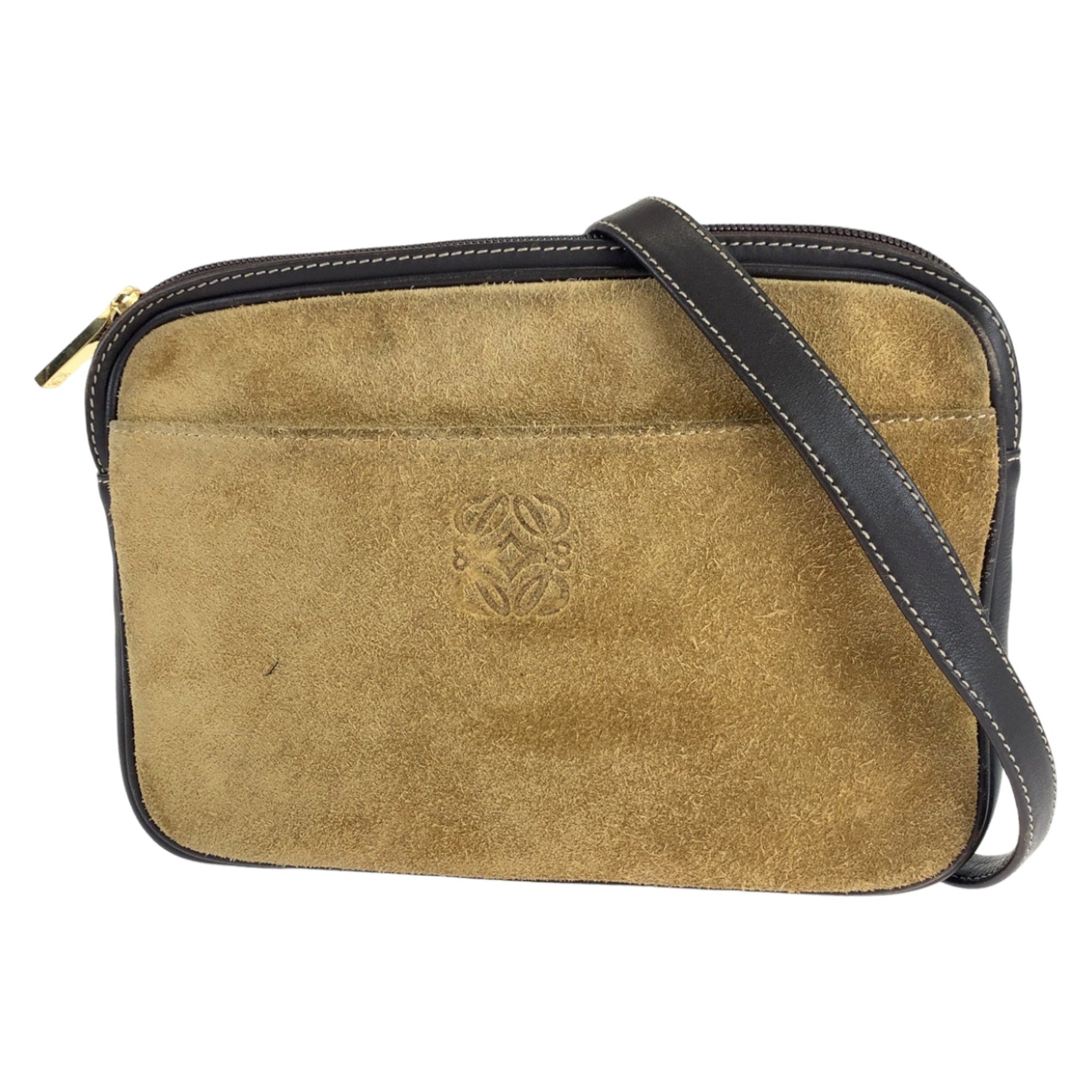 LOEWE Vintage Anagram Brown Suede Leather Crossbody Shoulder Bag Pochette Camera for Women