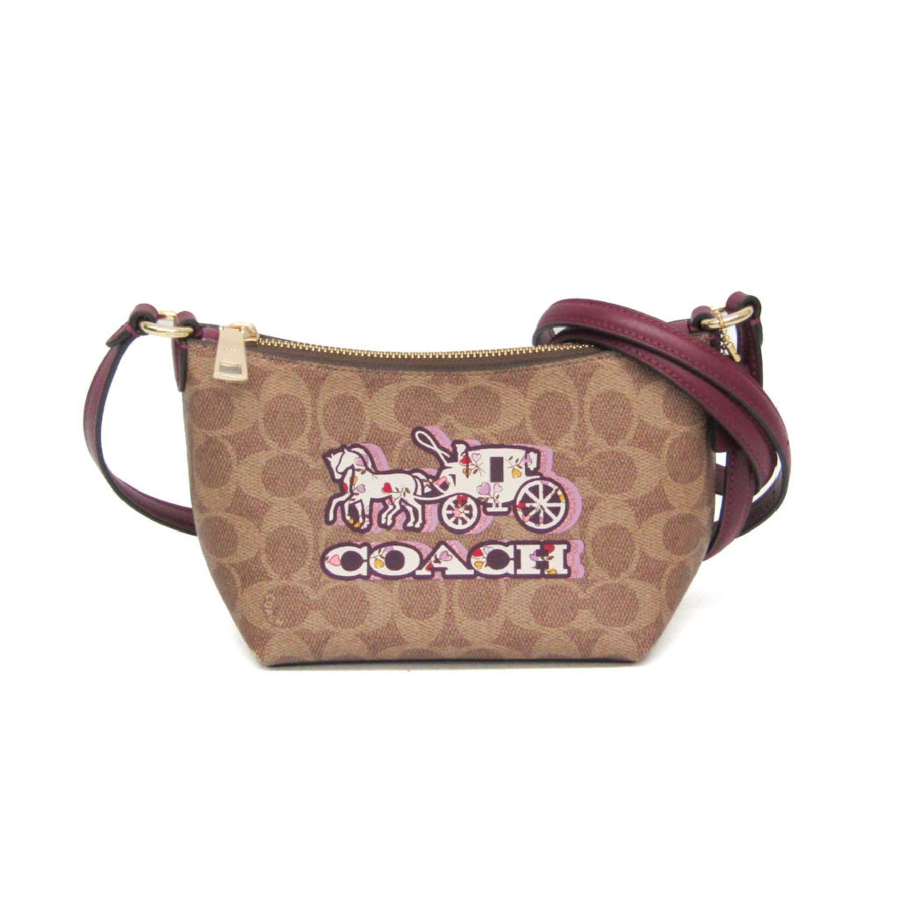 Coach Signature Horse And Carriage Zip Top Leather,PVC Shoulder Bag Beige,Brown,Purple