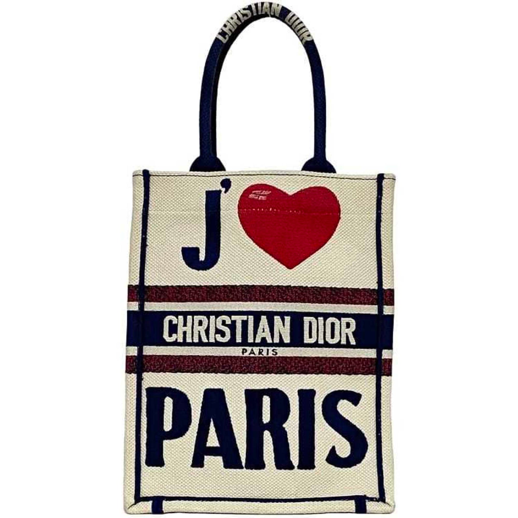 Christian Dior Handbag Book Tote Vertical White Navy Red Canvas Freestanding Heart Embroidery