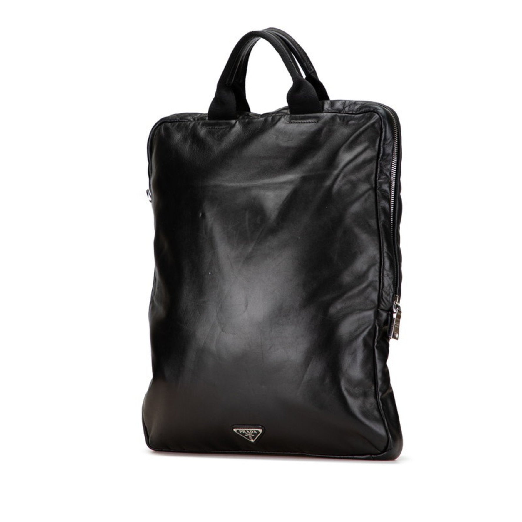 Prada Triangle Logo Plate Metal Stud Handbag Tote Bag Leather