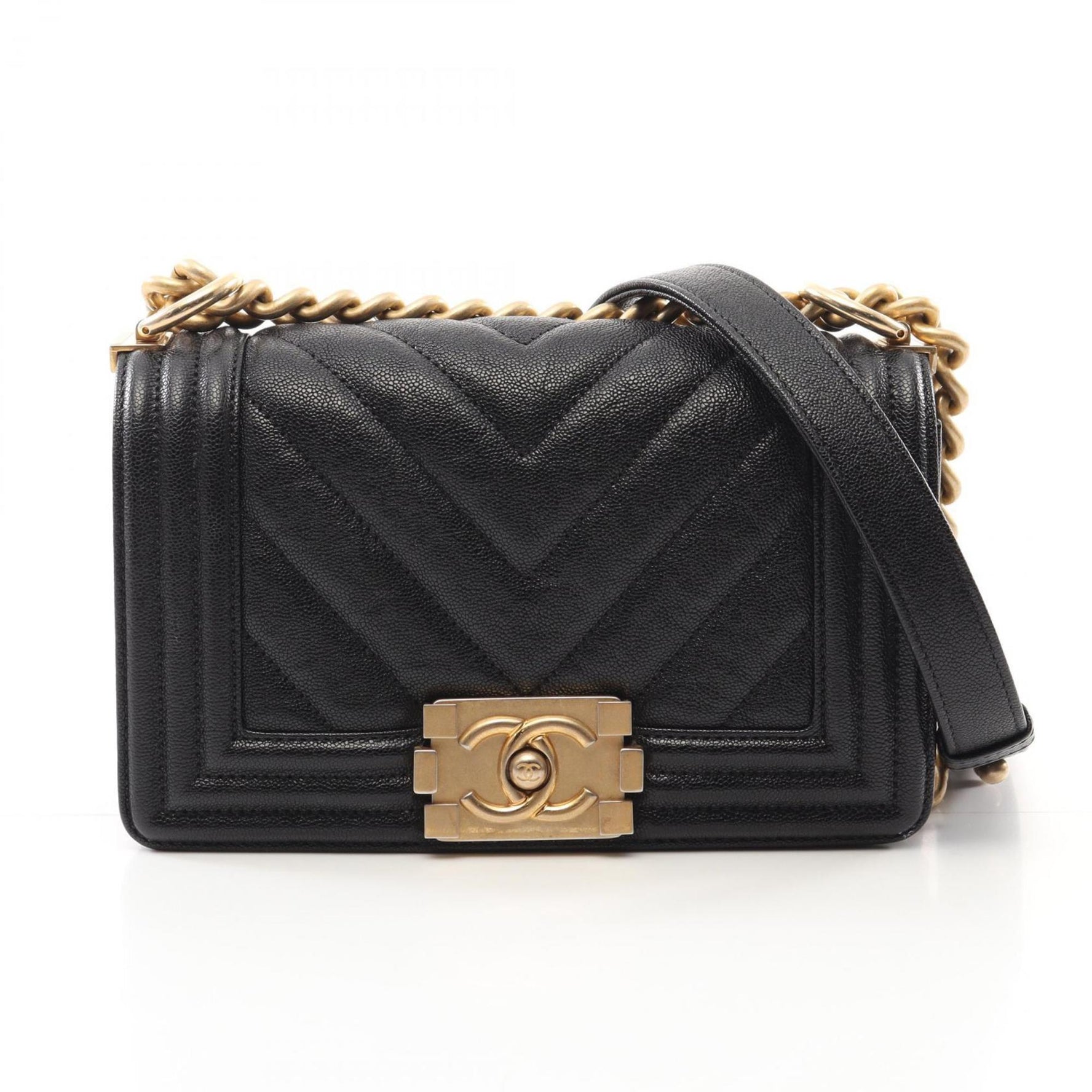 CHANEL Boy Small V-stitch Chevron Shoulder Bag Calfskin (Cowhide)