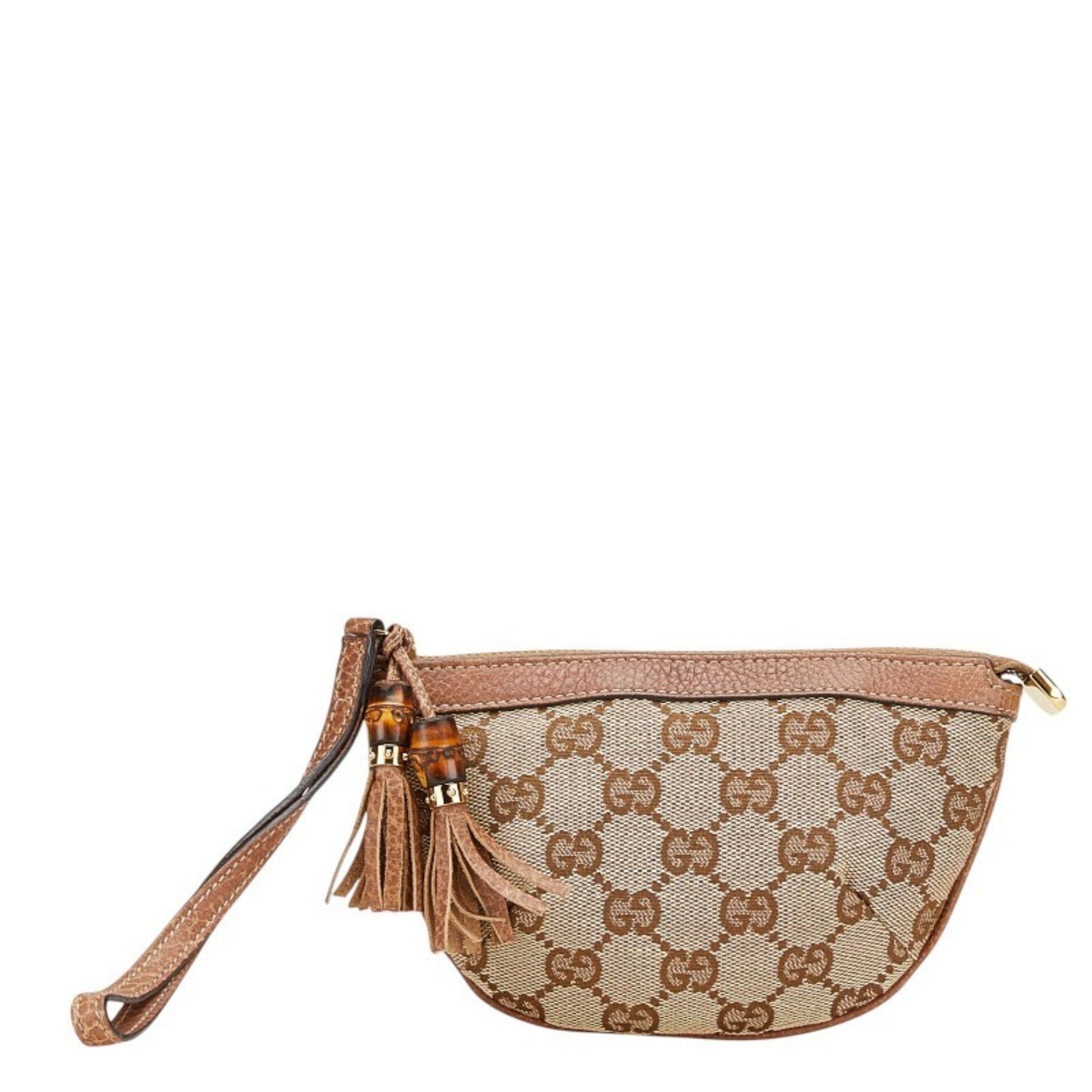 Gucci GG Canvas Bamboo Pouch Beige Brown Leather