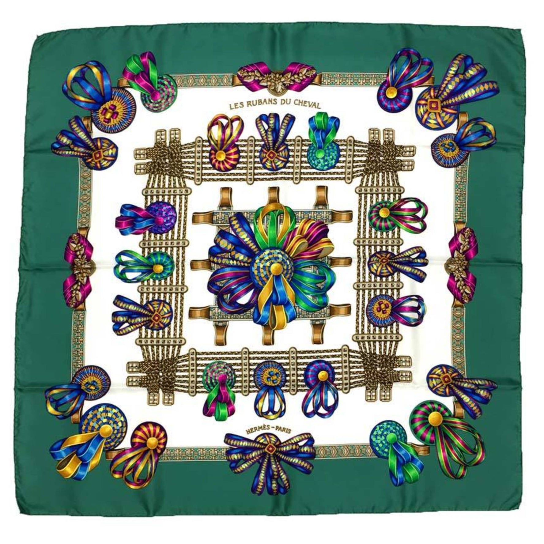 HERMES Carre 90 Scarf Muffler LES RUBANS DU CHEVAL Horse Ribbon White x Green 100% Silk Ladies