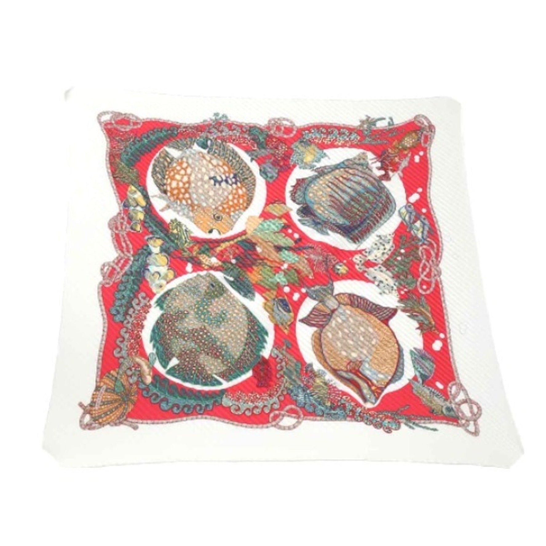HERMES Pleated Scarf Carre Fish Pattern Red x White