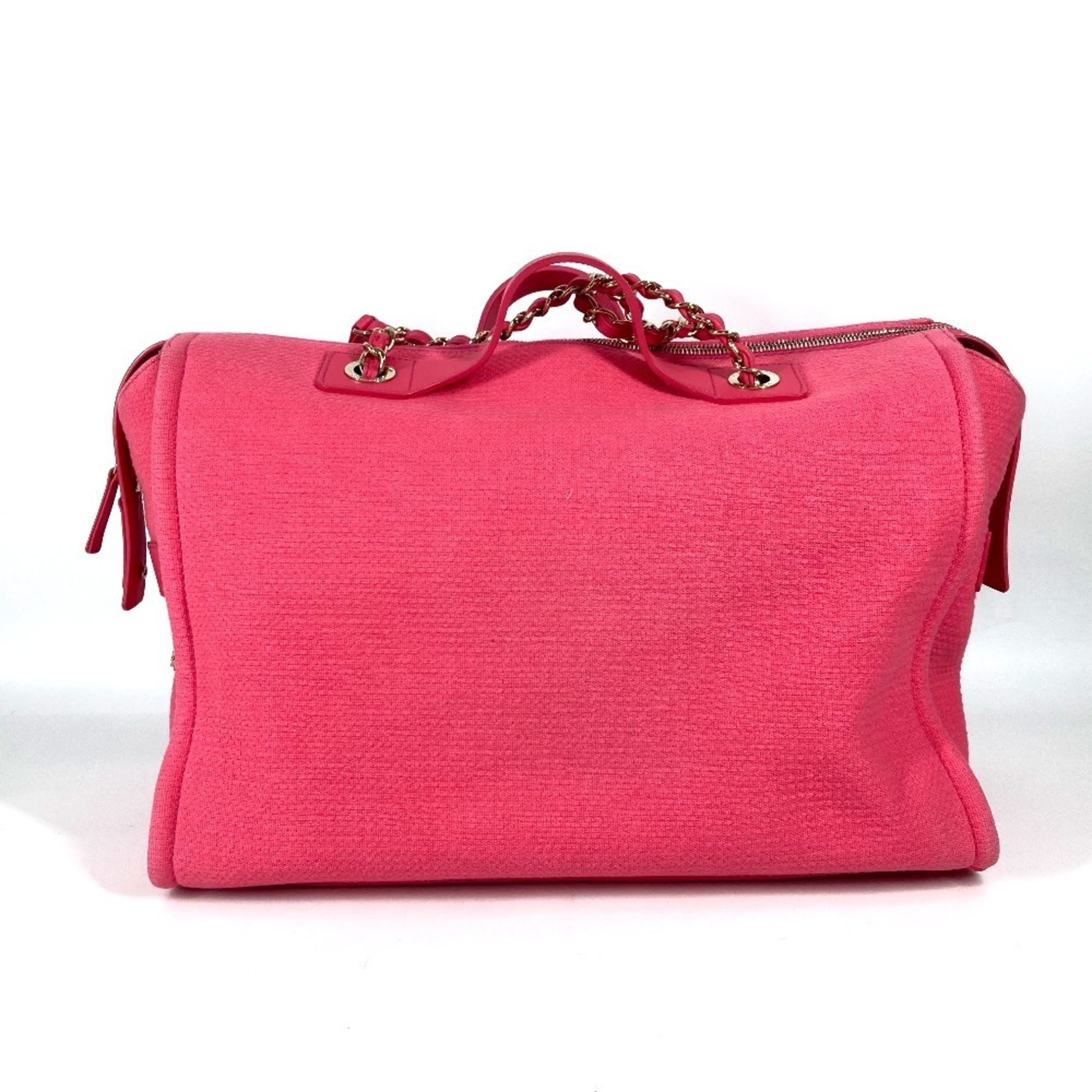 CHANEL CC Coco Mark Logo Deauville Boston Bag Handbag W Chain Shoulder Canvas