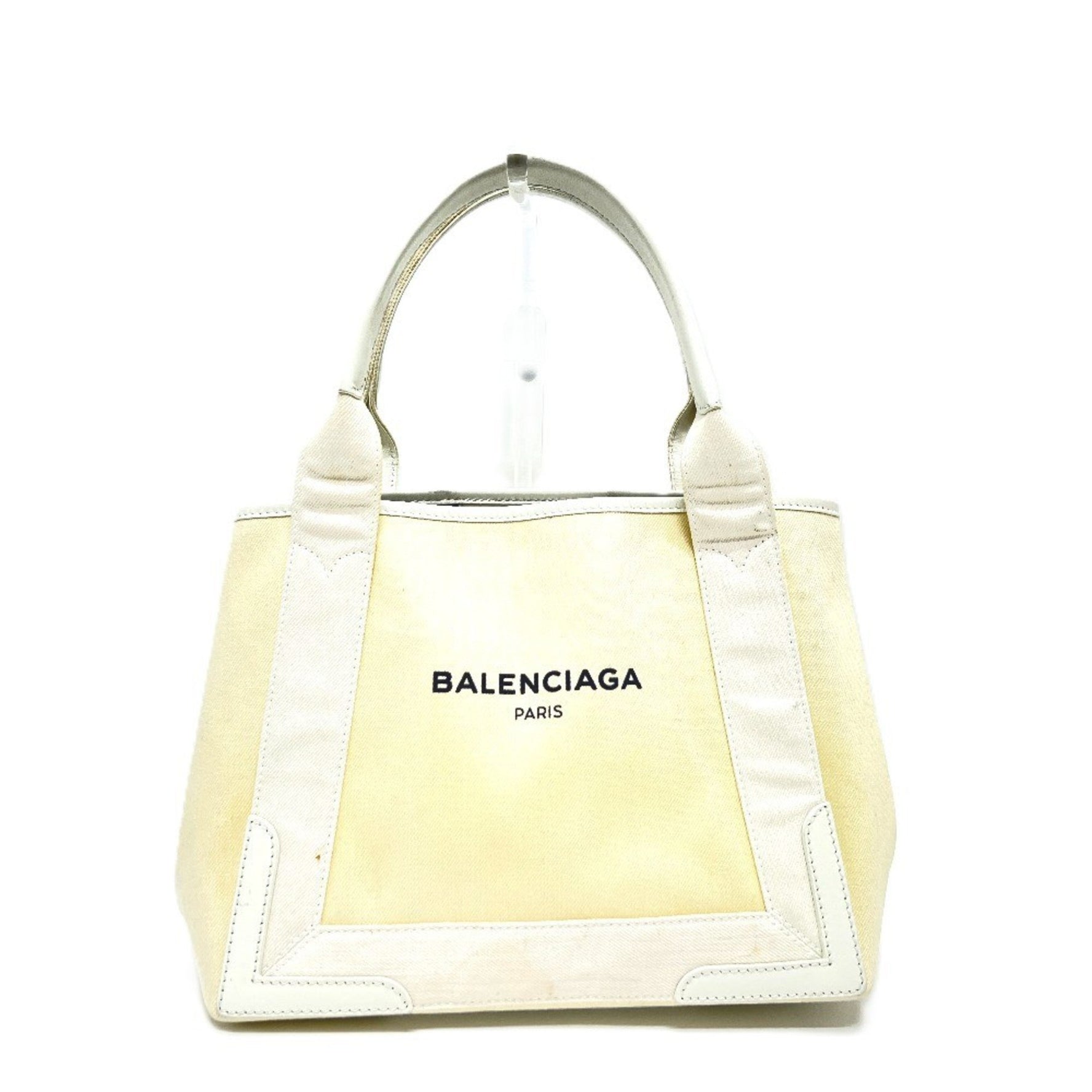 BALENCIAGA Navy Cabas S Bag Handbag Tote Canvas Leather Women's White