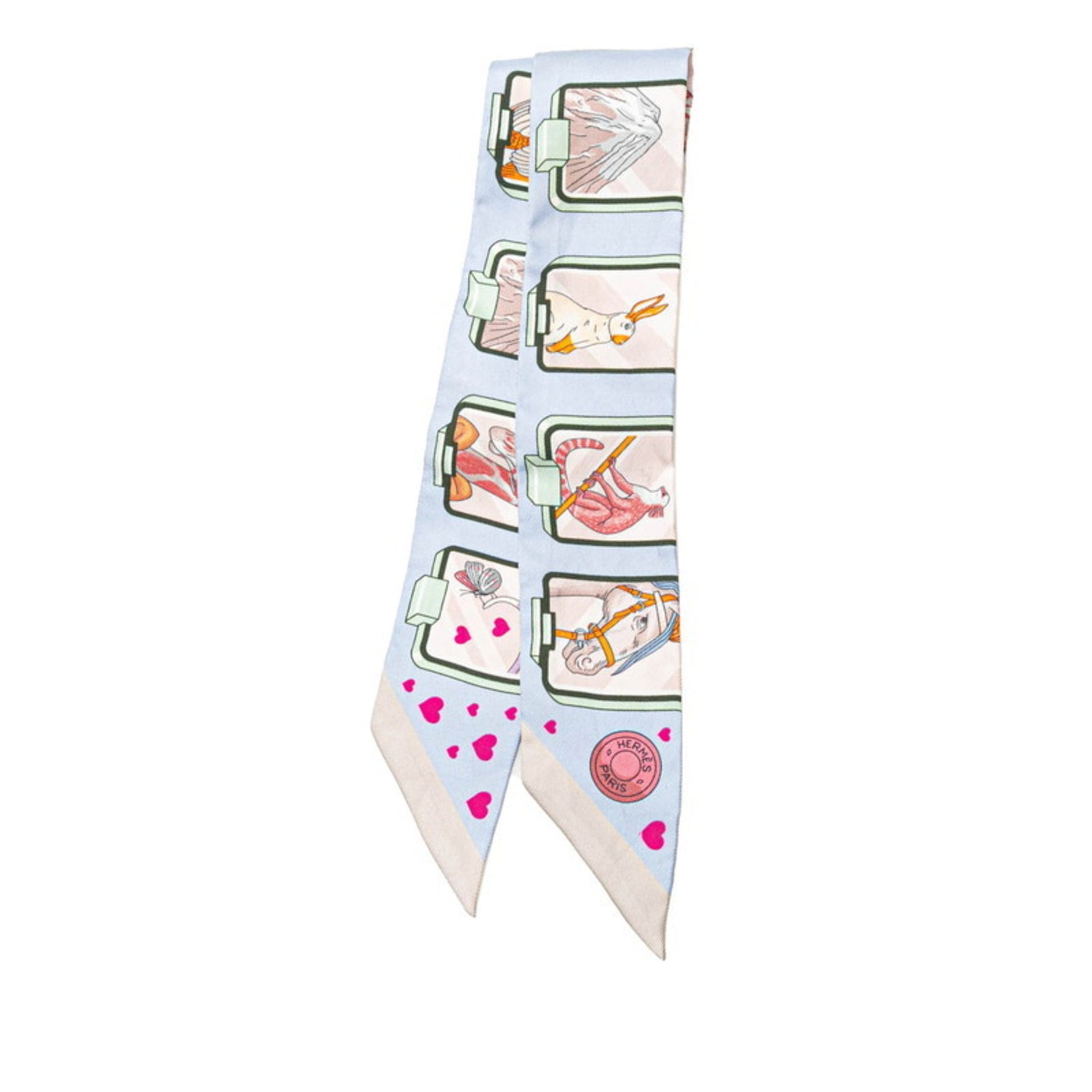 Hermes Twilly STORY Story Scarf Muffler Light Blue Pink Multicolor Silk