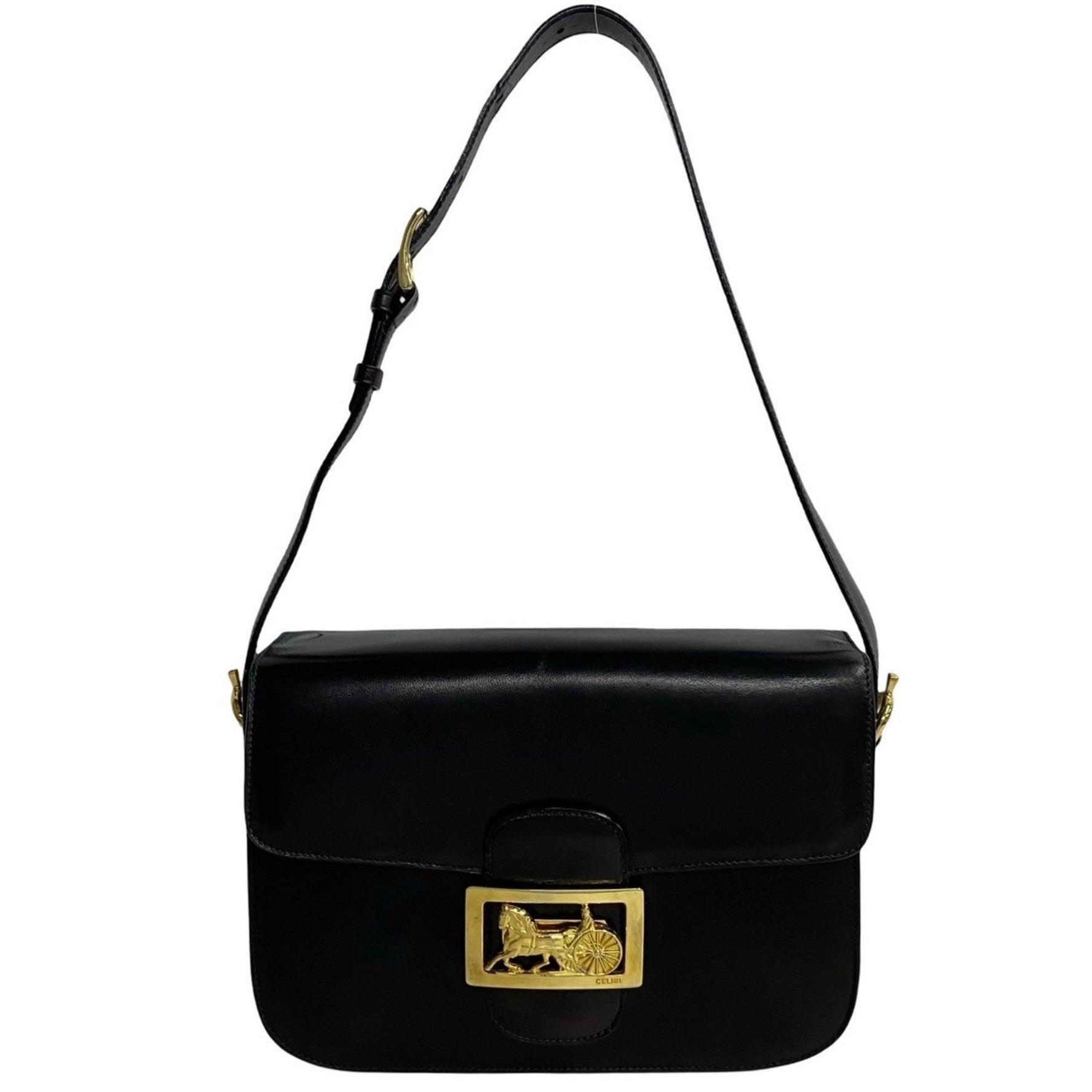 CELINE 179-9, Leather Semi-Shoulder Bag with Horse-Drawn Carriage Design and Hardware