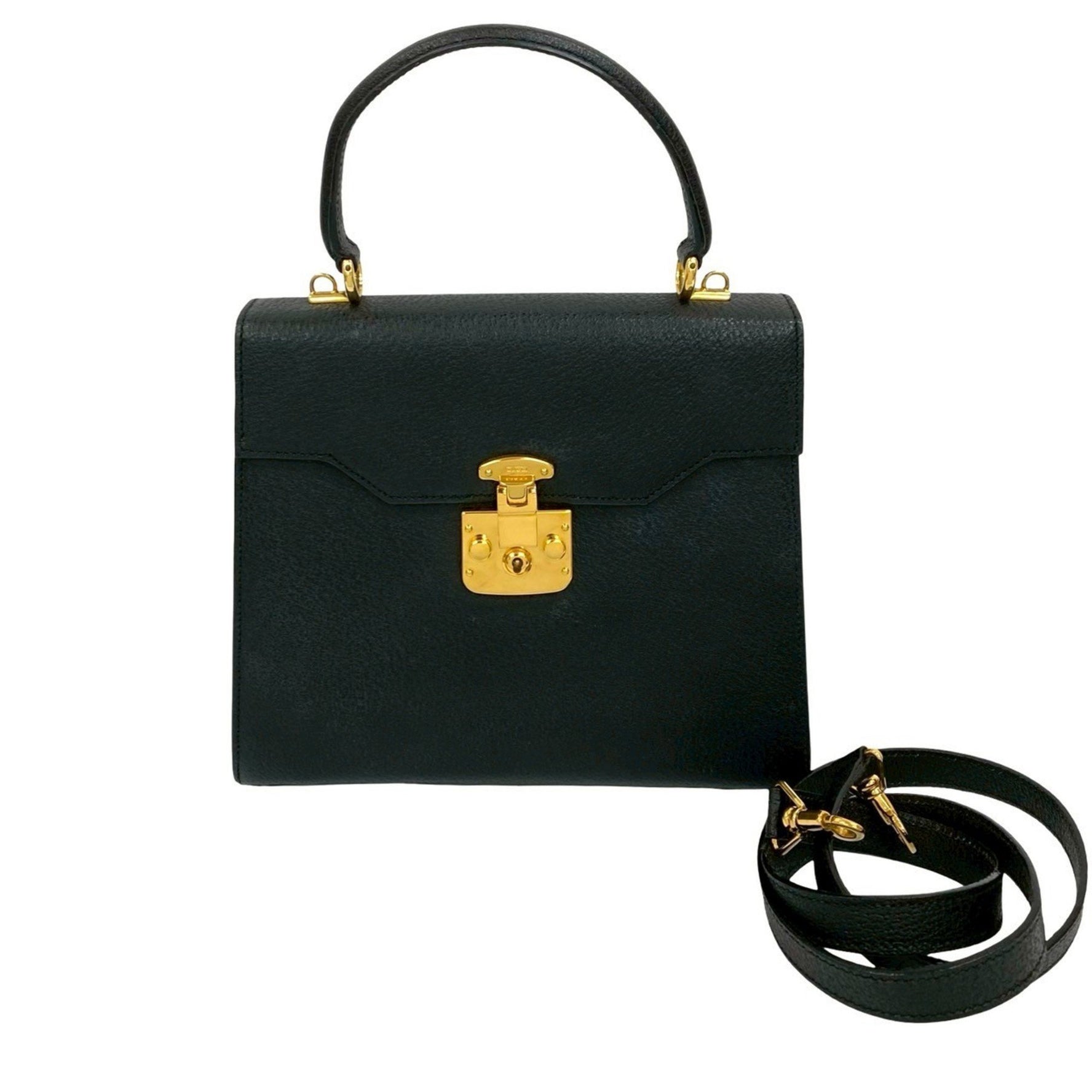 GUCCI Old Gucci Ladylock Leather 2-Way Handbag/Shoulder Bag, Black,
