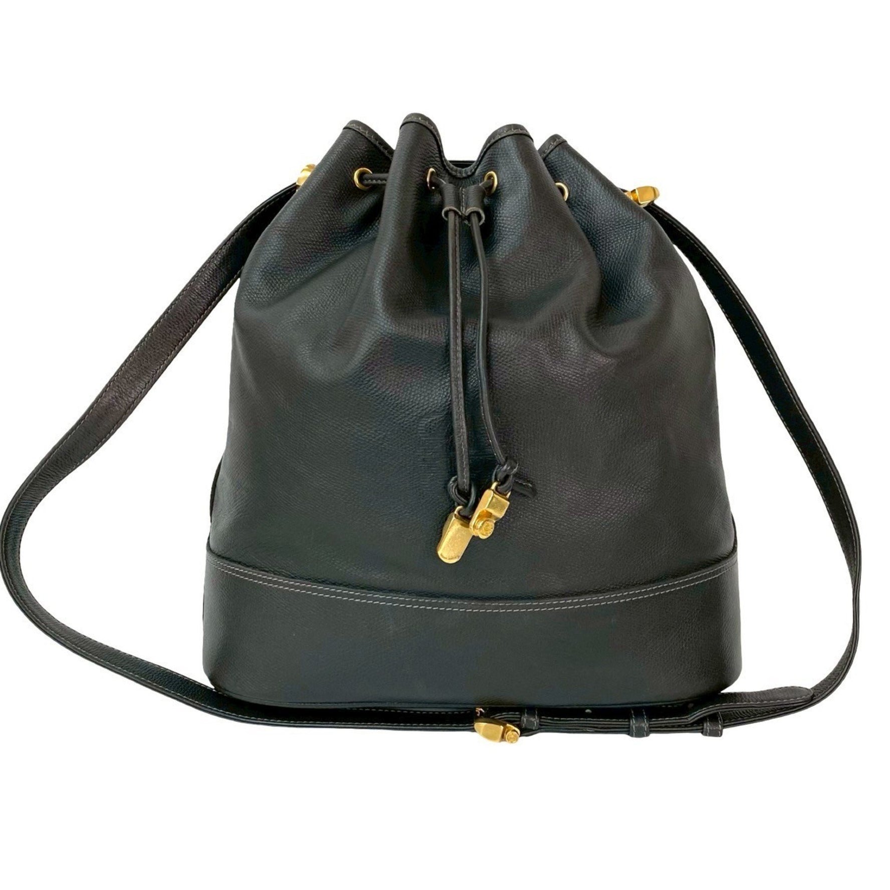 LOEWE Vintage Anagram Logo Engraved Leather Drawstring Semi-One Shoulder Bag Pochette 08635