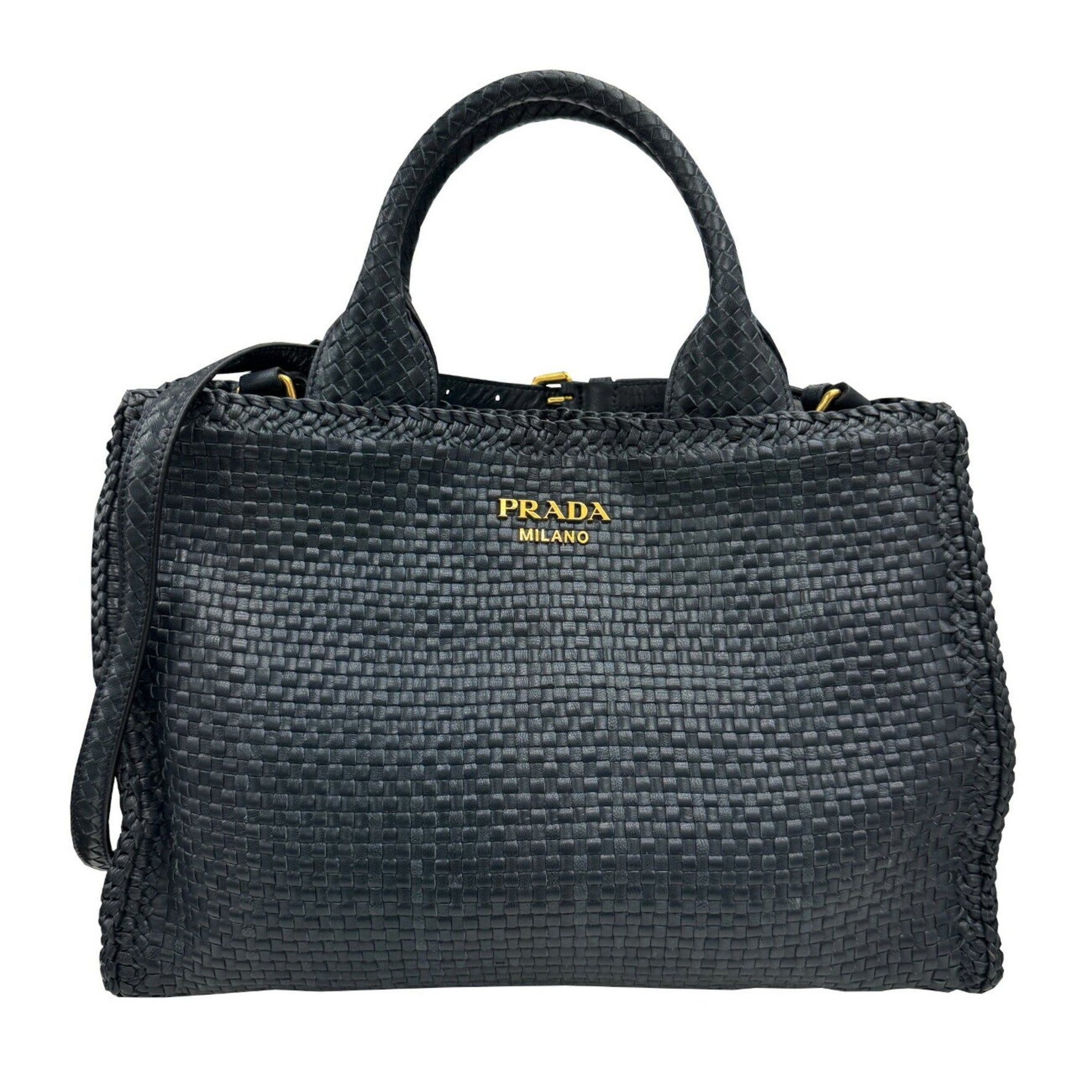 PRADA 1BG258 Shoulder Bag Madras Handbag Leather Navy Women's