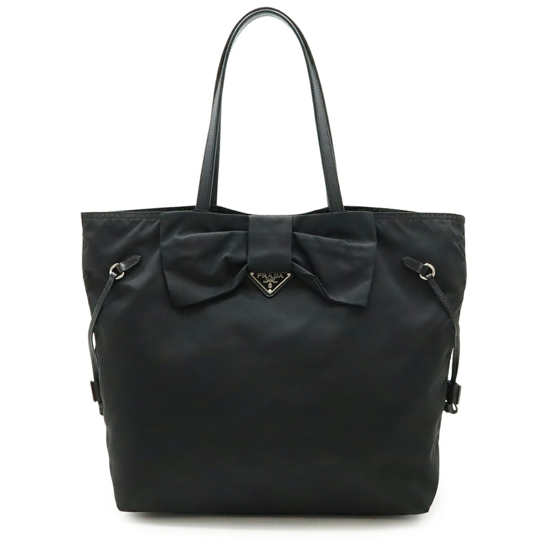 PRADA Prada ribbon motif tote bag shoulder nylon saffiano leather NERO black