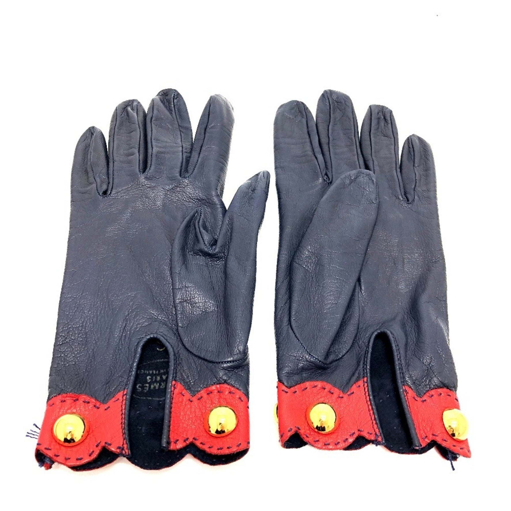 HERMES Apparel Gloves, Leather, Navy/Red, Like New
