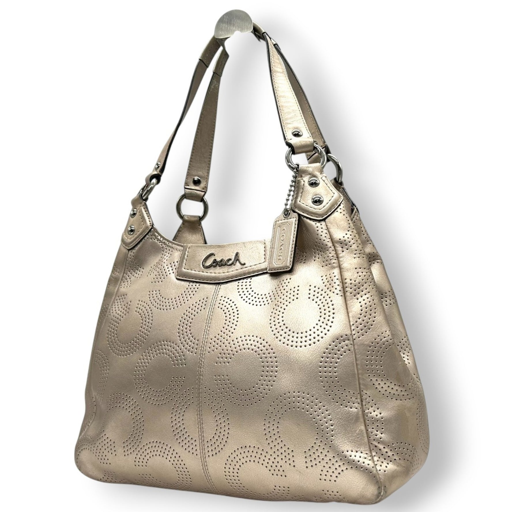 COACH One-Shoulder Shoulder Bag Perforated Leather with Op Art Signature in Gold and Champagne Gold, Size 99