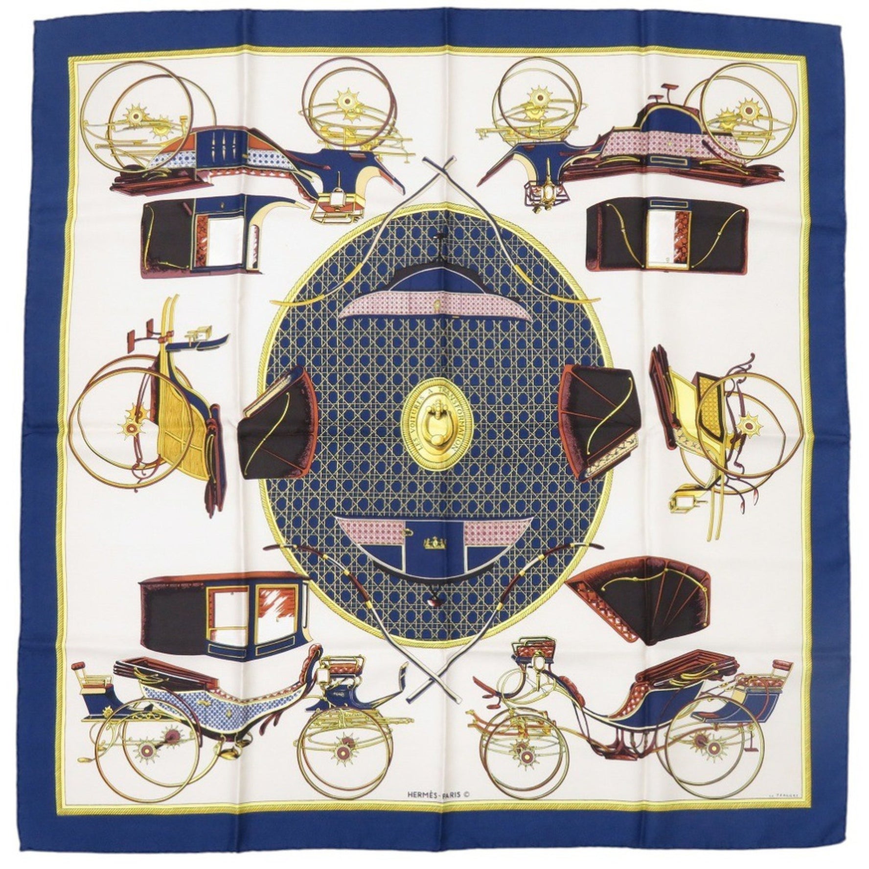 Hermès Carré 90 "Les Voitures a Transformation" Folding Covered Wagon Silk Blue Scarf Muffler 0117 HERMES