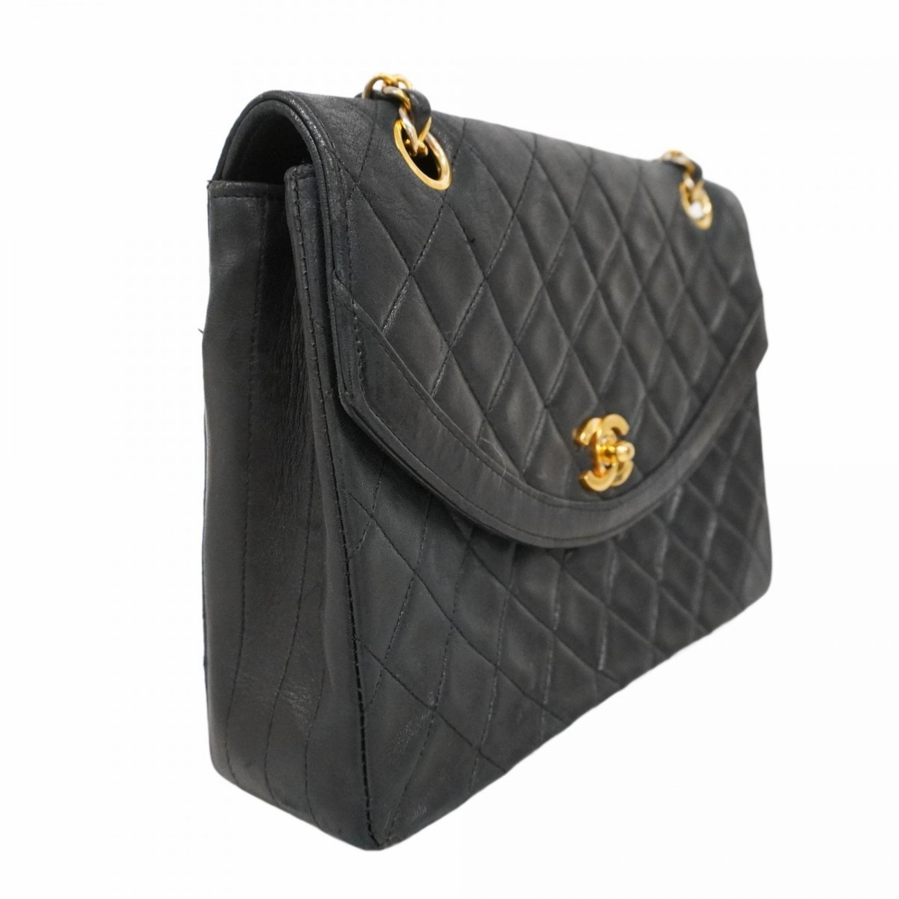 Chanel Matelasse Shoulder Bag with Double Chain, Lambskin, Black, Women's