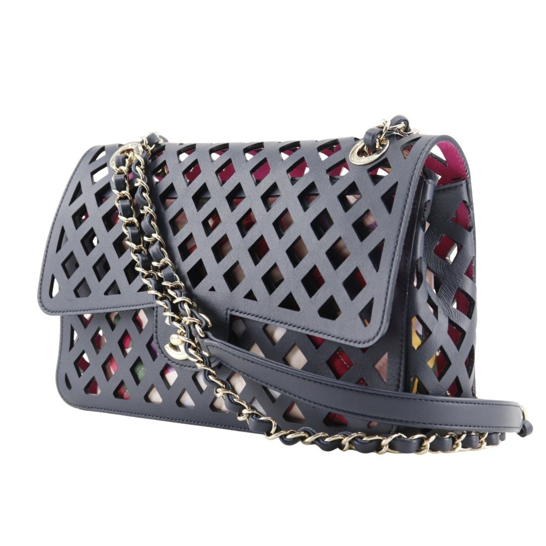 CHANEL Chain Shoulder Bag Punching AS2376 Calf Navy A5 Turnlock ChainShoulder Women's