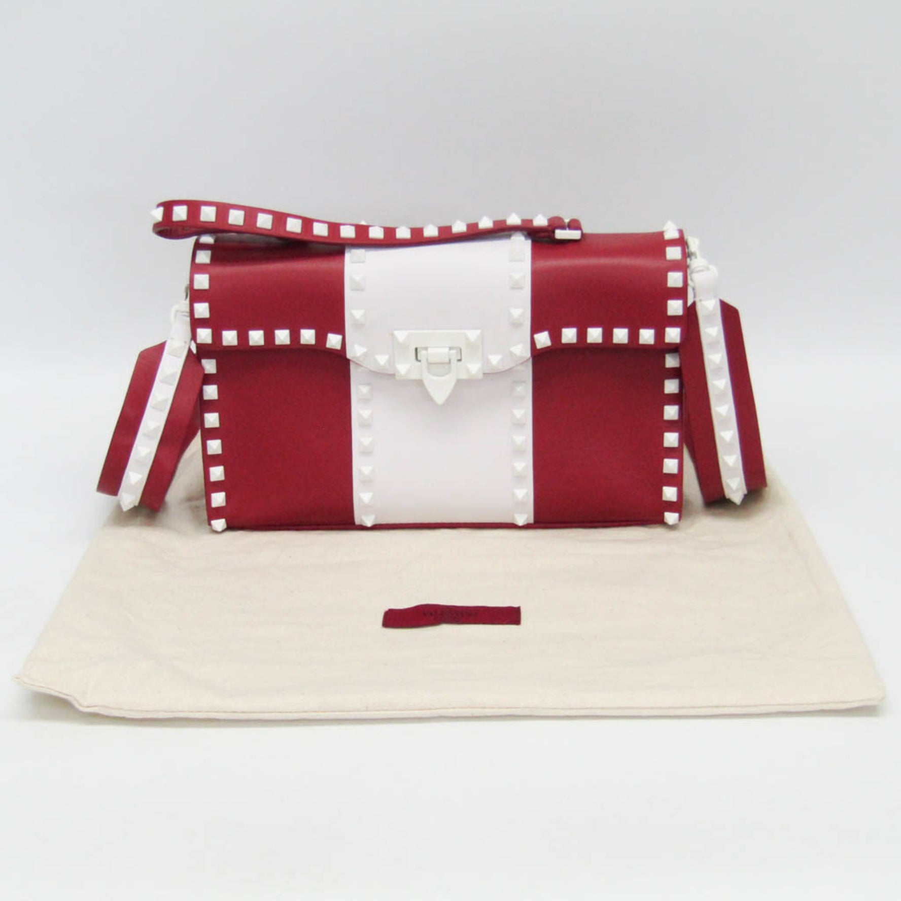 Valentino Garavani Spike Lockstuds Single Handle Bag Leather Handbag,Shoulder Bag Red Color,White