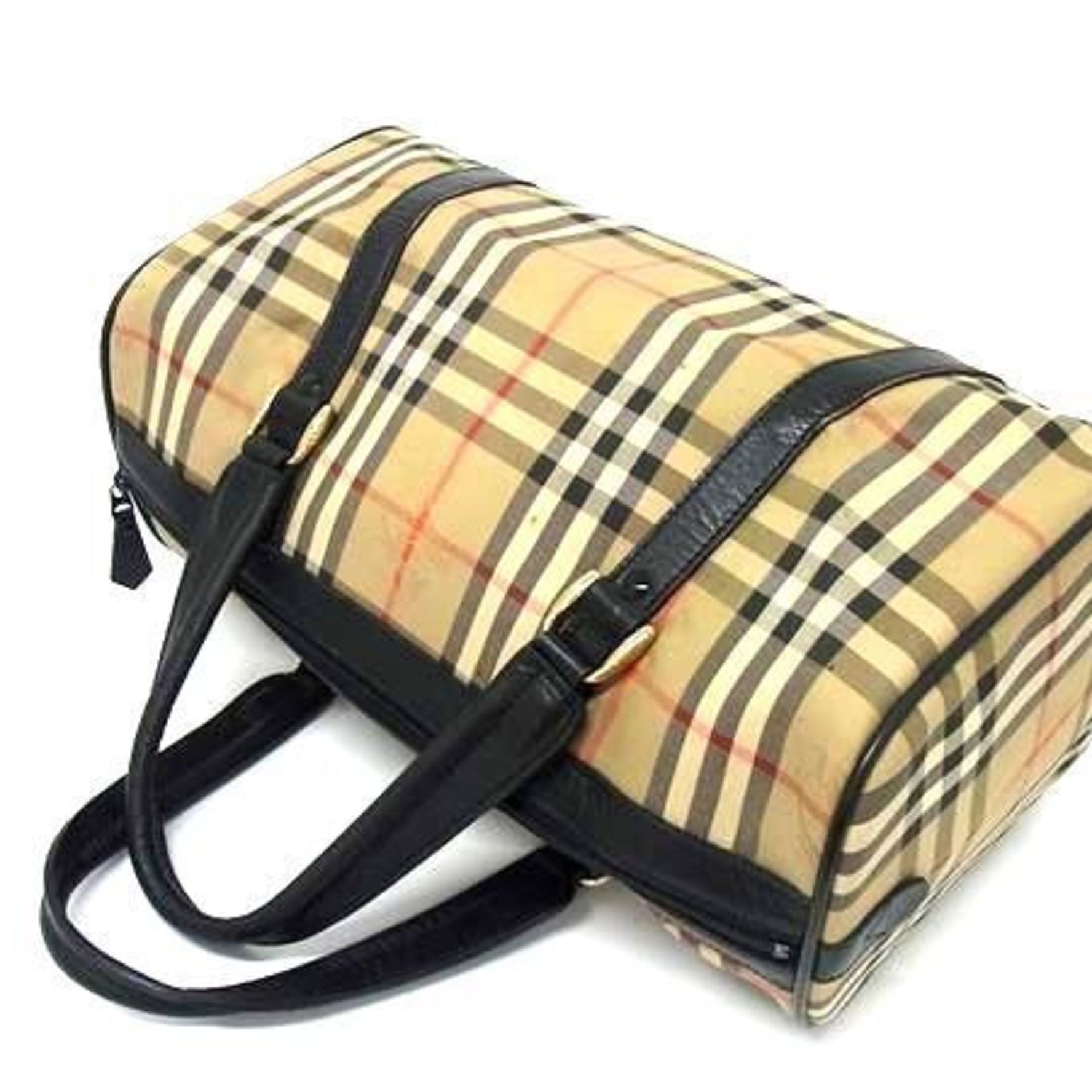 Burberry's Nova Check Mini Boston Bag - Beige and Black Canvas with Leather