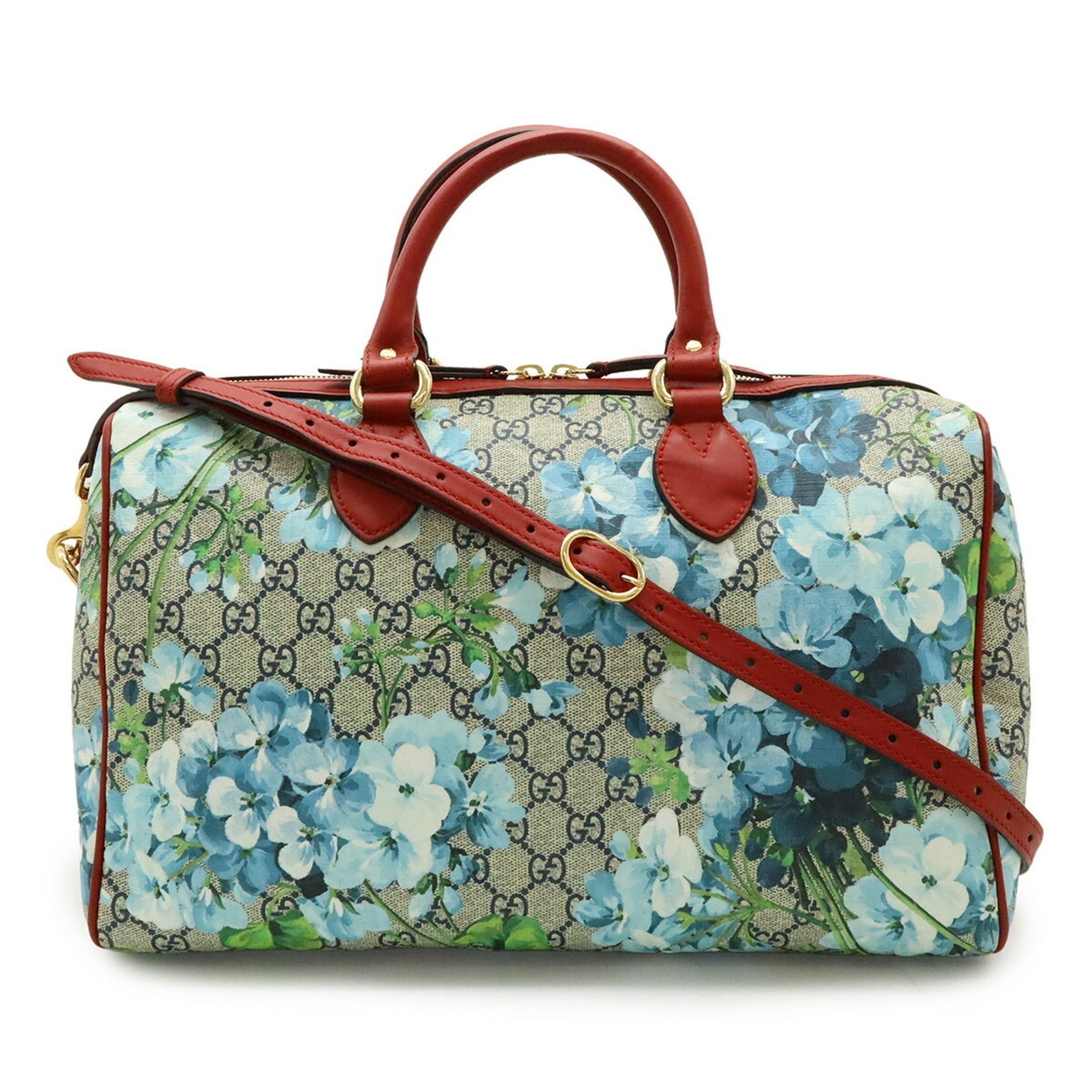 GUCCI GG Blooms Boston Bag, Handbag, Shoulder Floral PVC Leather, Beige, Red