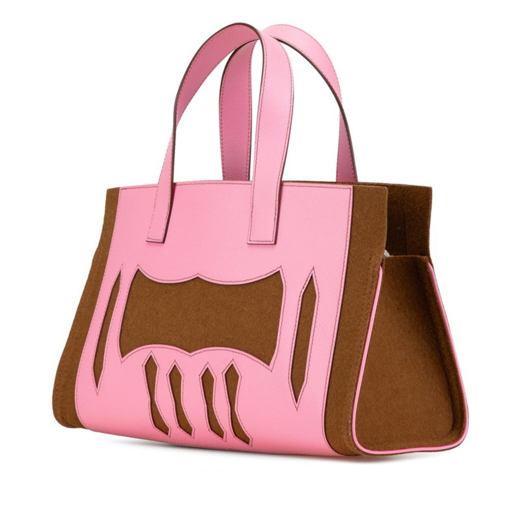 Hermes Petit H Tote PM Bag Handbag Pink Brown Felt Epsom Leather