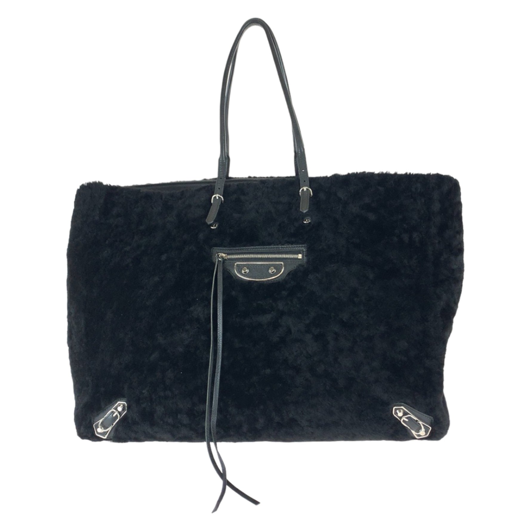 BALENCIAGA Paper Black Tote Bag with Silver Hardware, Mouton Leather, 387480, Women's