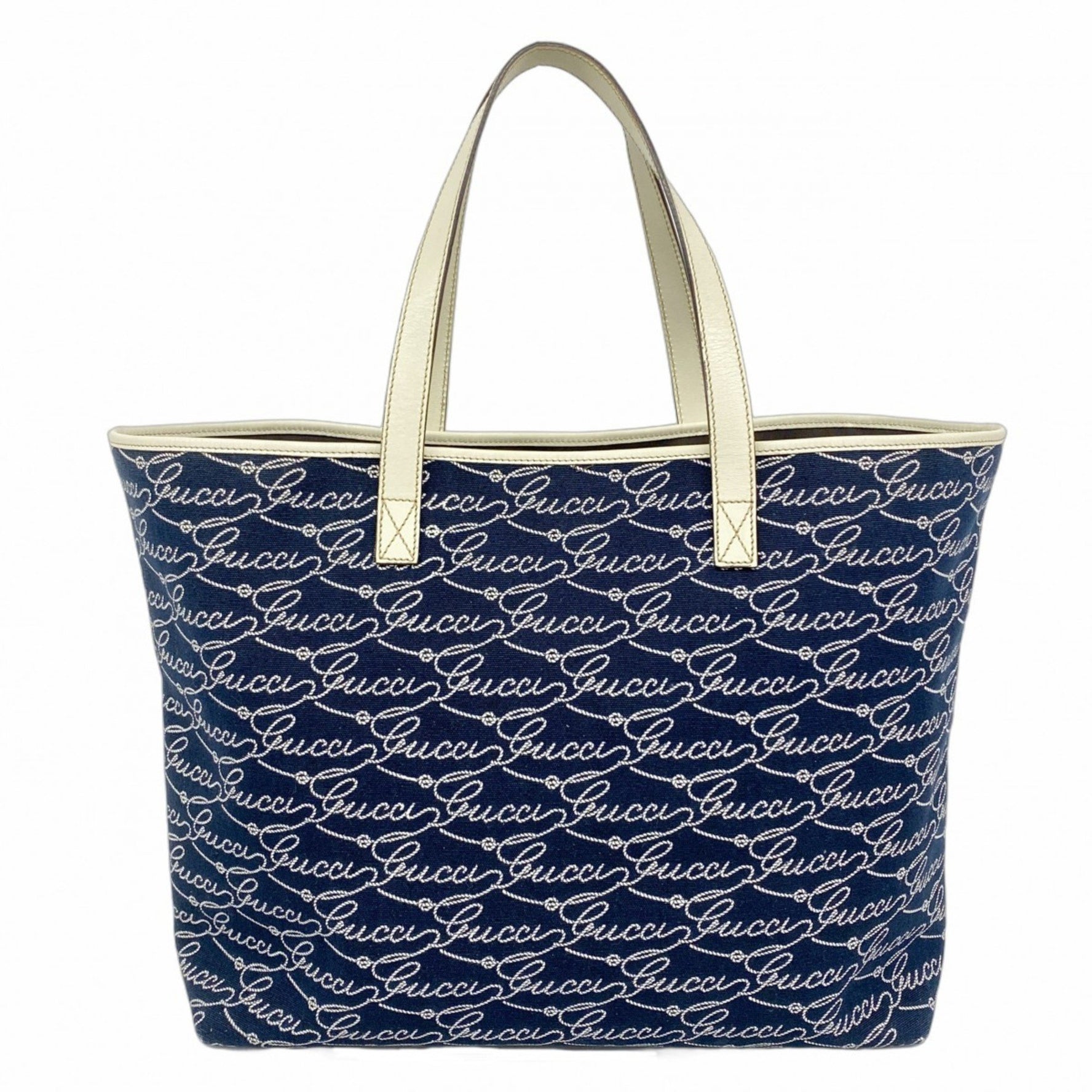 Gucci Tote Bag Canvas Navy White Champagne